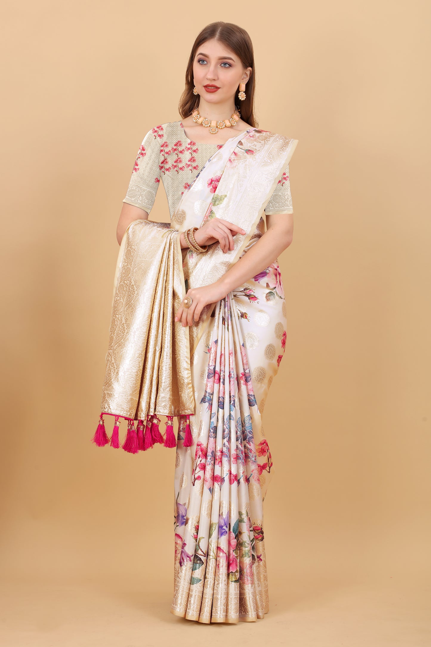 Soft silk saree with beautiful Flowery Digital Print all over the saree and Rich Zari weawing Pallu with zari weawing border & Tessels attach at Pallu end , Blouse :- Silk weawing Blouse piece
