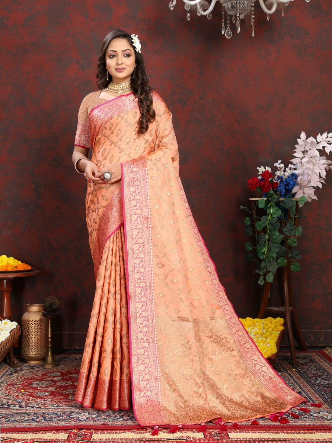 Orange Color Soft katan silk saree with copper zari weawing design and Rich Zari weawing Pallu with Unstiched Blouse piece.