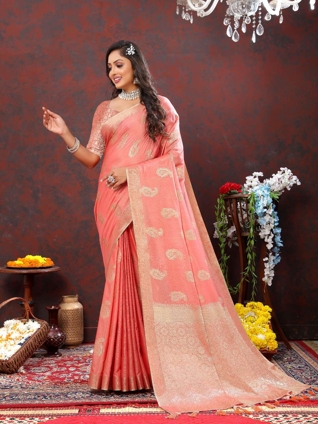 Orange Soft Cotton Silk Saree With Zari Weawing Design And Rich Zari Weawing Pallu With Contrast Border & Tessels Attach In Pallu With Unstiched Blouse Pieces.