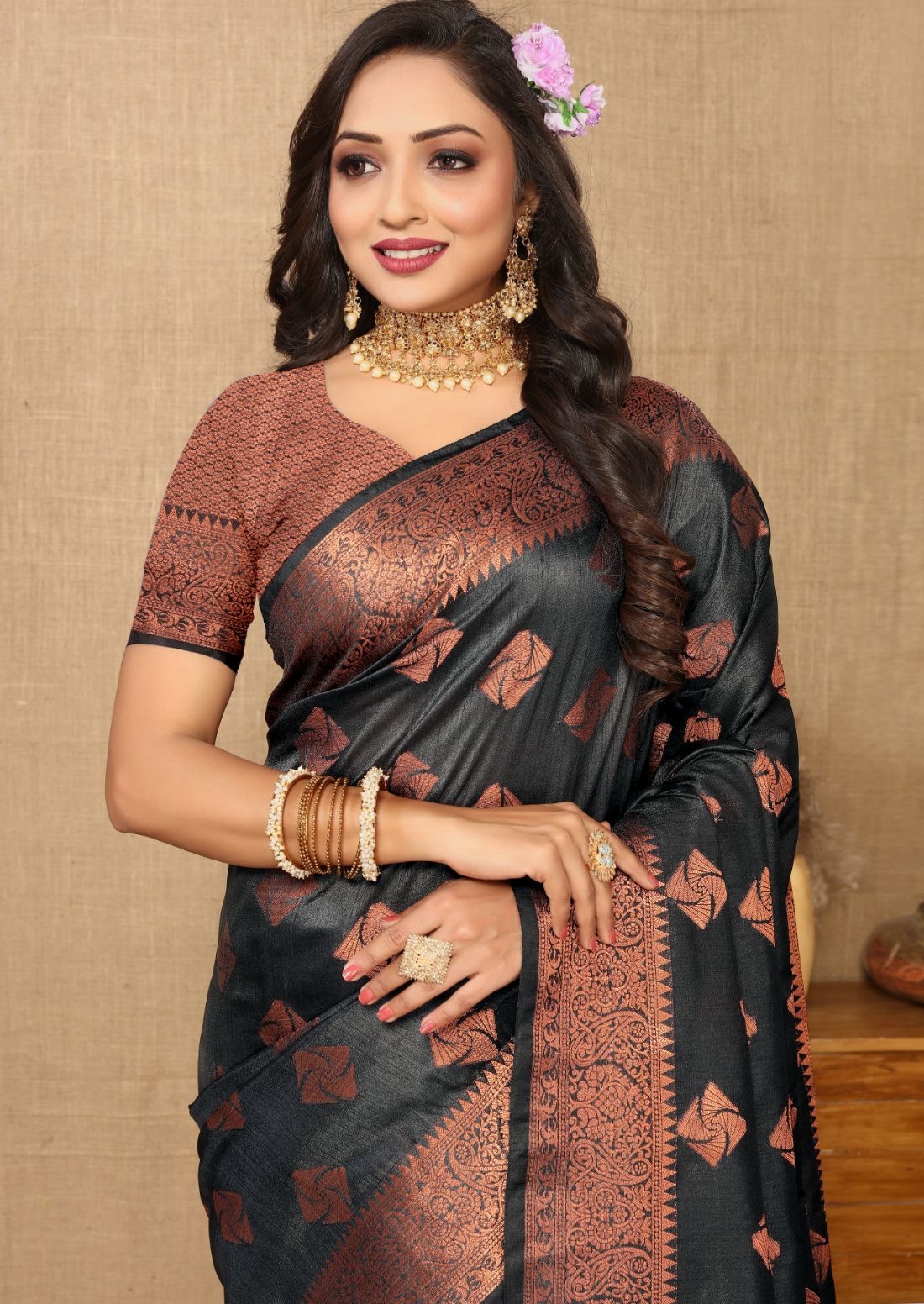 Black Color Soft katan silk saree with copper zari weawing design and Rich Zari weawing Pallu with Unstiched Blouse piece