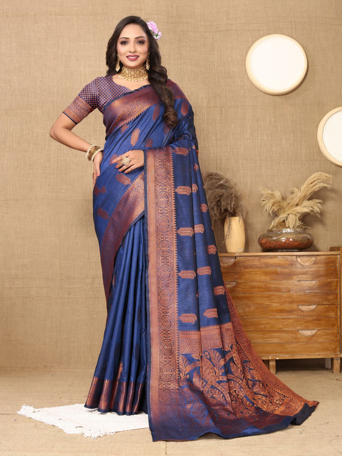 Nevy Blue Color Soft katan silk saree with copper zari weawing design and Rich Zari weawing Pallu with Unstiched Blouse piece.