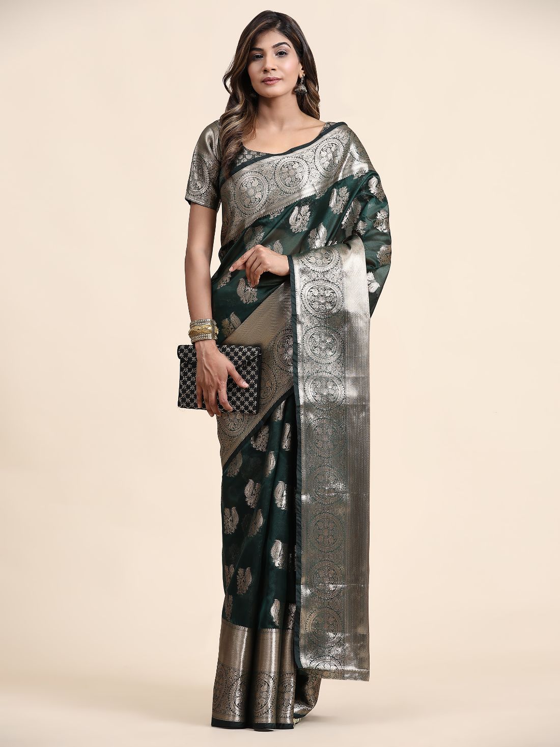 Dark Green Color Women’s Zari Woven Designer Soft Organza Silk Saree and Rich Pallu Weawing Unstitched Blouse With Blouse Piece.