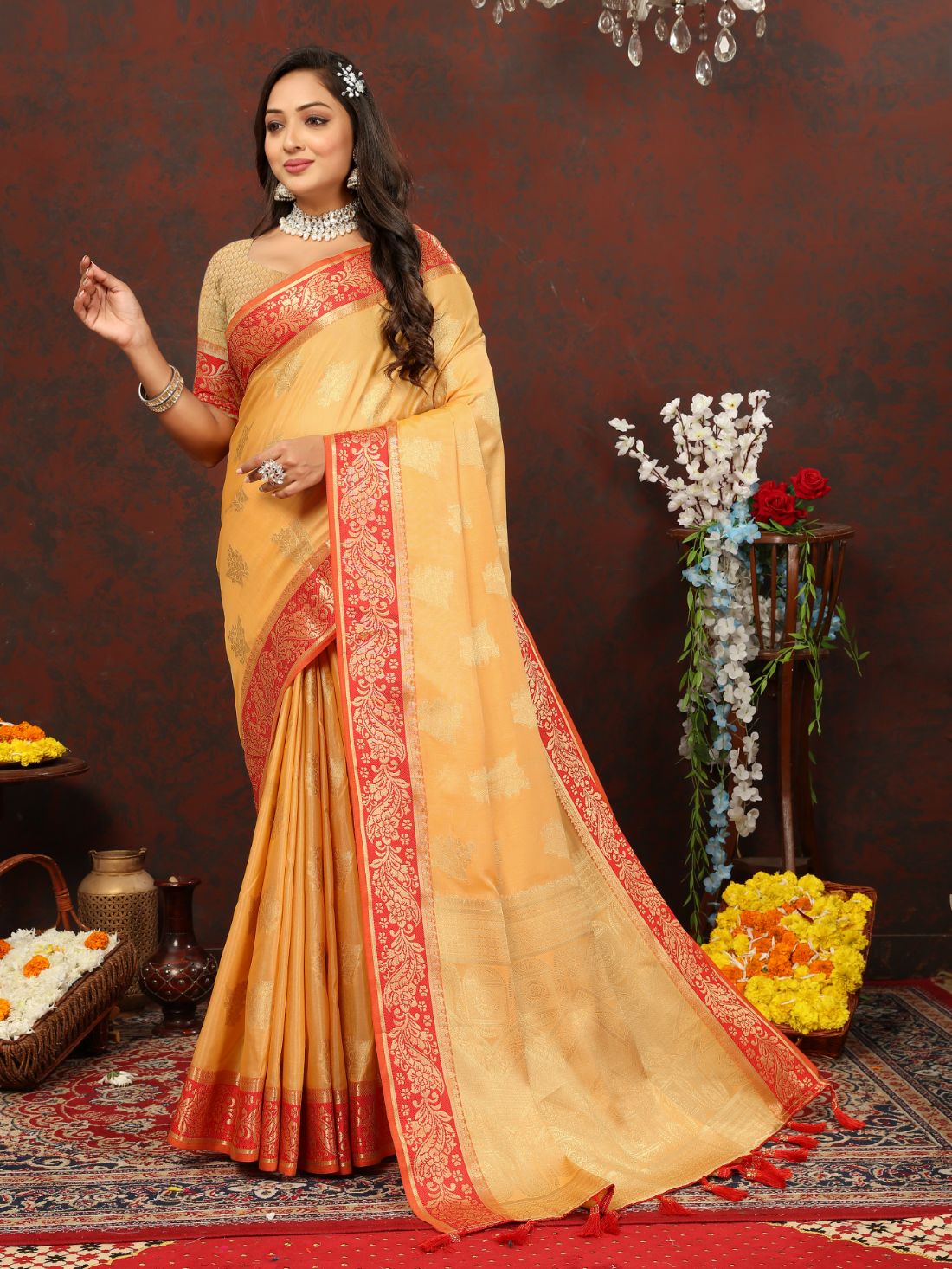 Orange Soft Cotton Silk Saree with Zari Weawing Design and Rich Zari Weawing Pallu with Contrast Border & Tessels attach in Pallu with Unstiched Blouse Pieces.