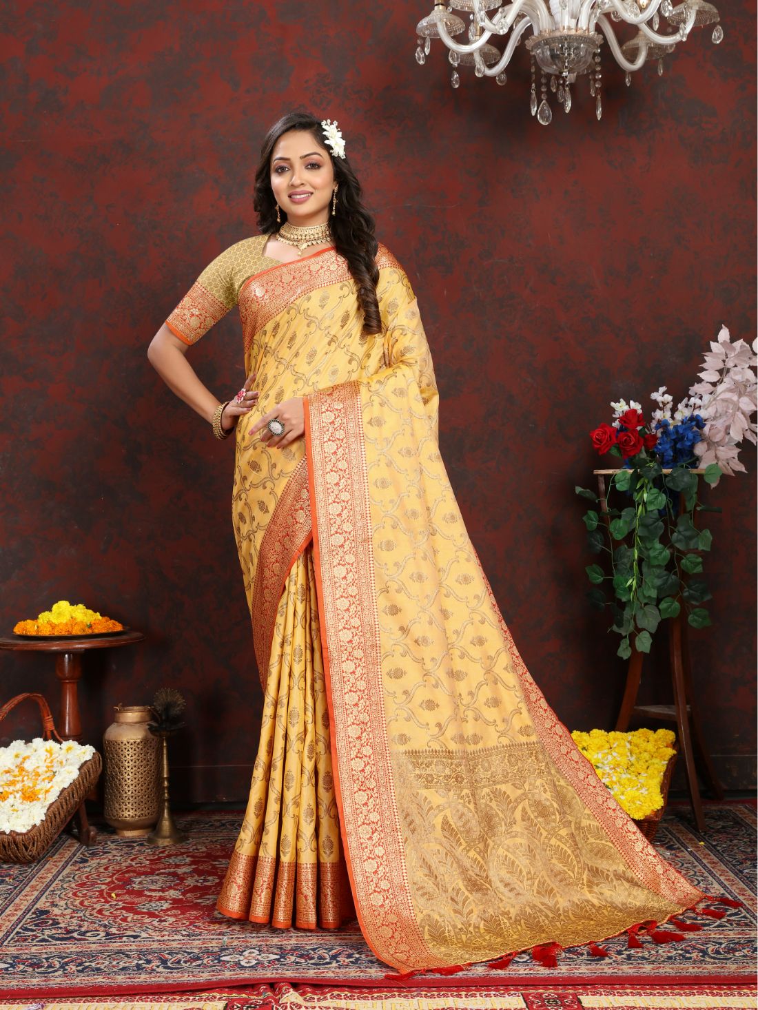 Yellow Color Soft Katan silk saree with copper zari weawing design and Rich Zari weawing Pallu with Unstiched Blouse piece.
