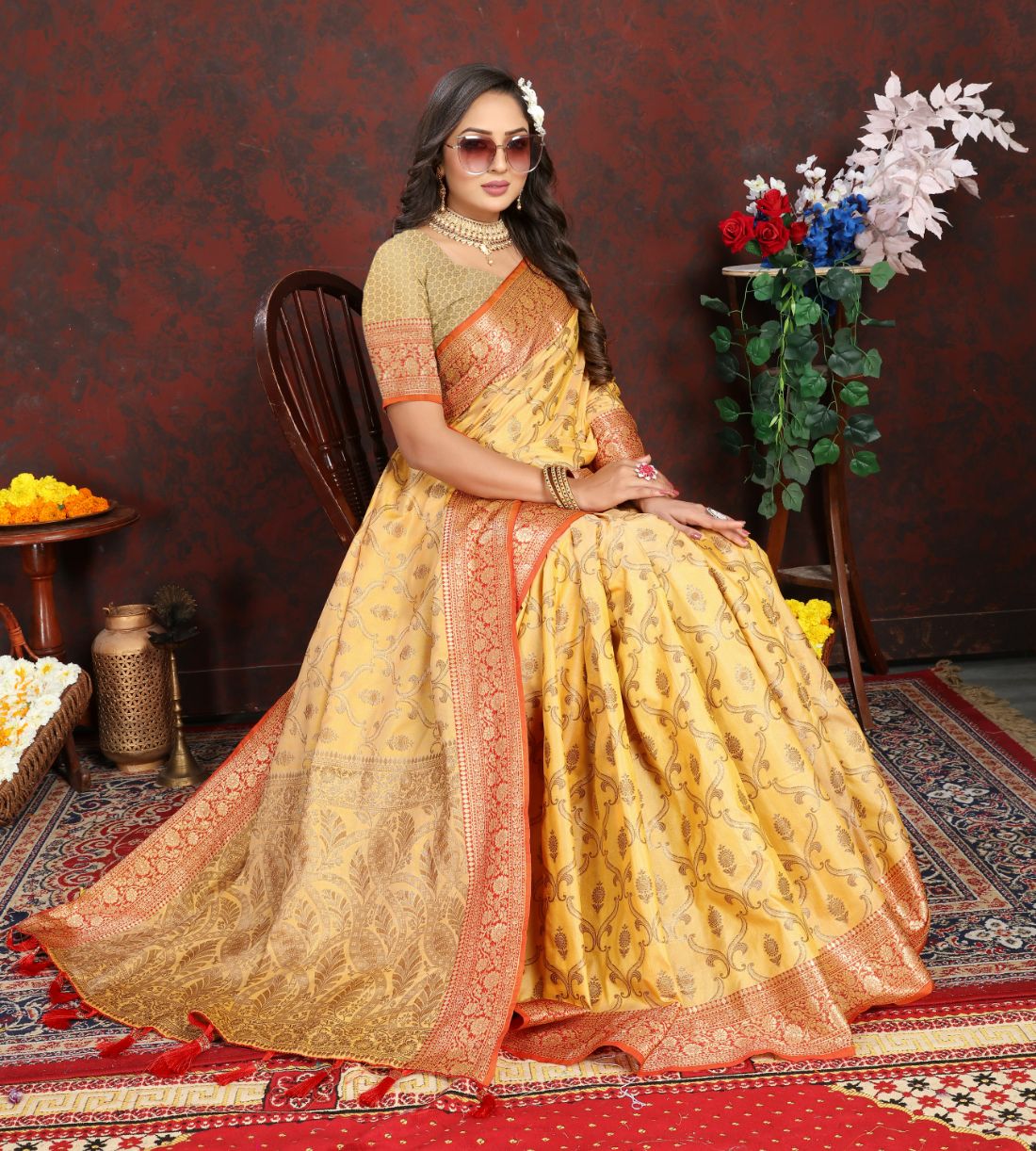 Yellow Color Soft Katan silk saree with copper zari weawing design and Rich Zari weawing Pallu with Unstiched Blouse piece.