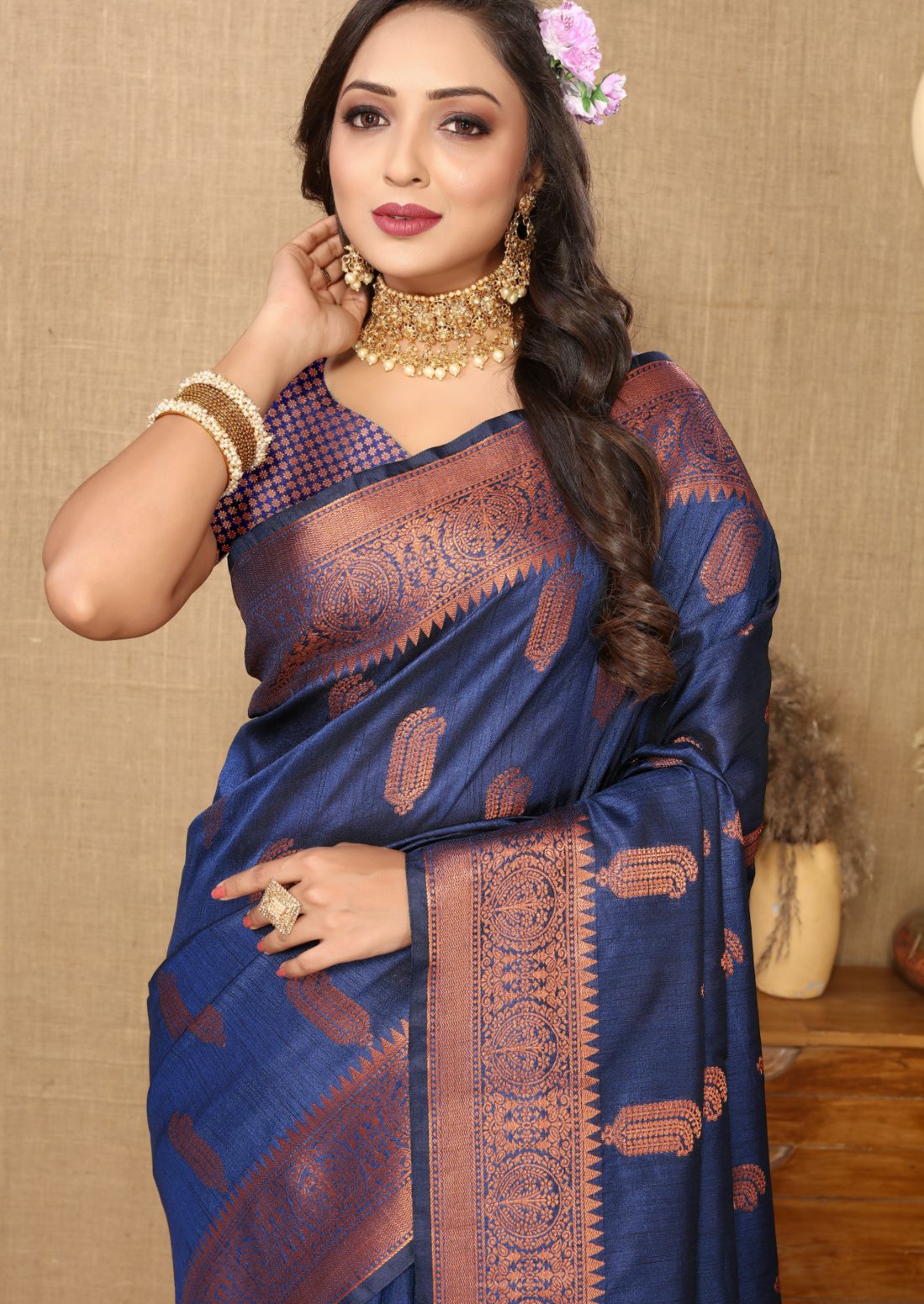 Nevy Blue Color Soft katan silk saree with copper zari weawing design and Rich Zari weawing Pallu with Unstiched Blouse piece.