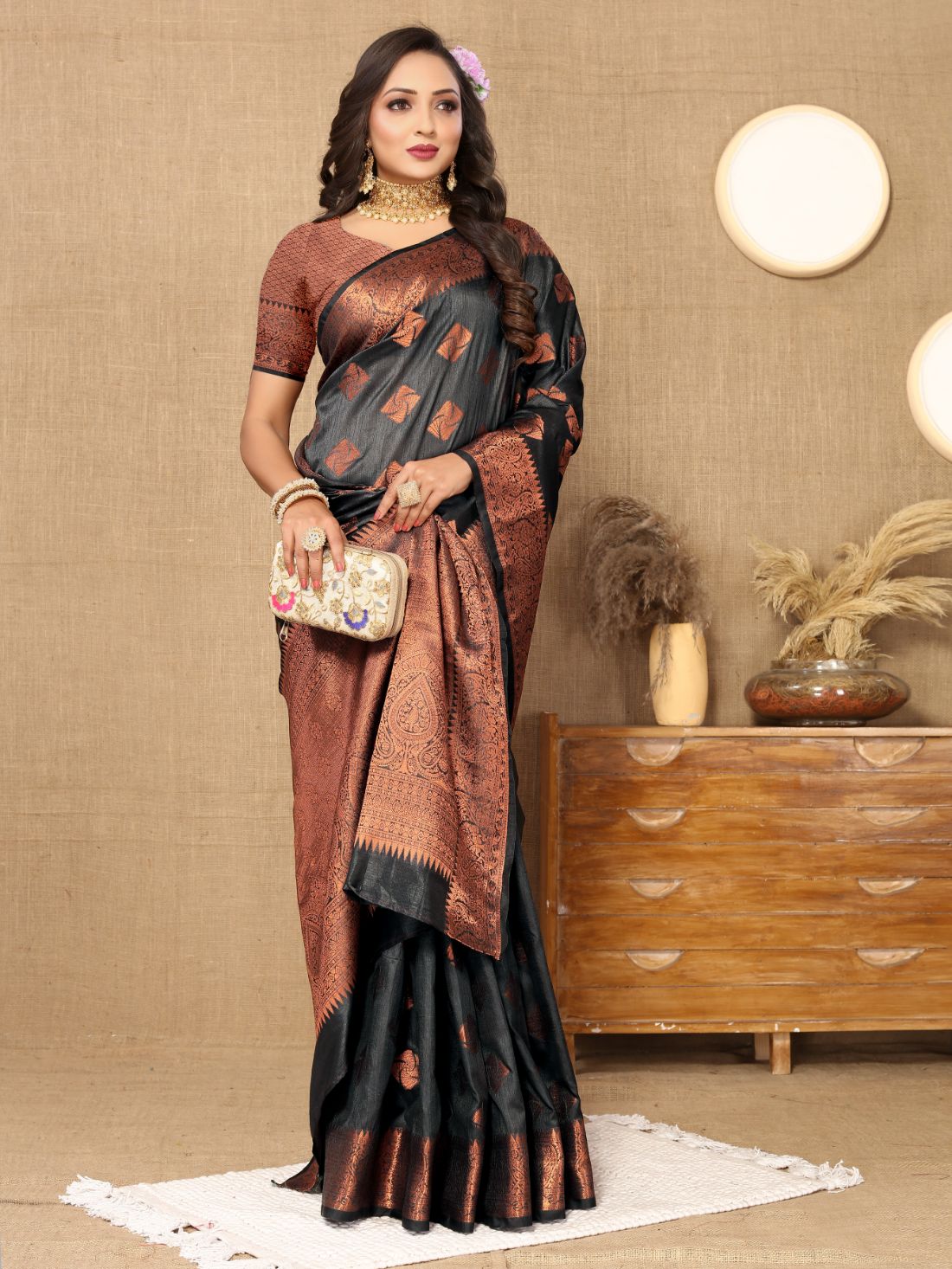 Black Color Soft katan silk saree with copper zari weawing design and Rich Zari weawing Pallu with Unstiched Blouse piece