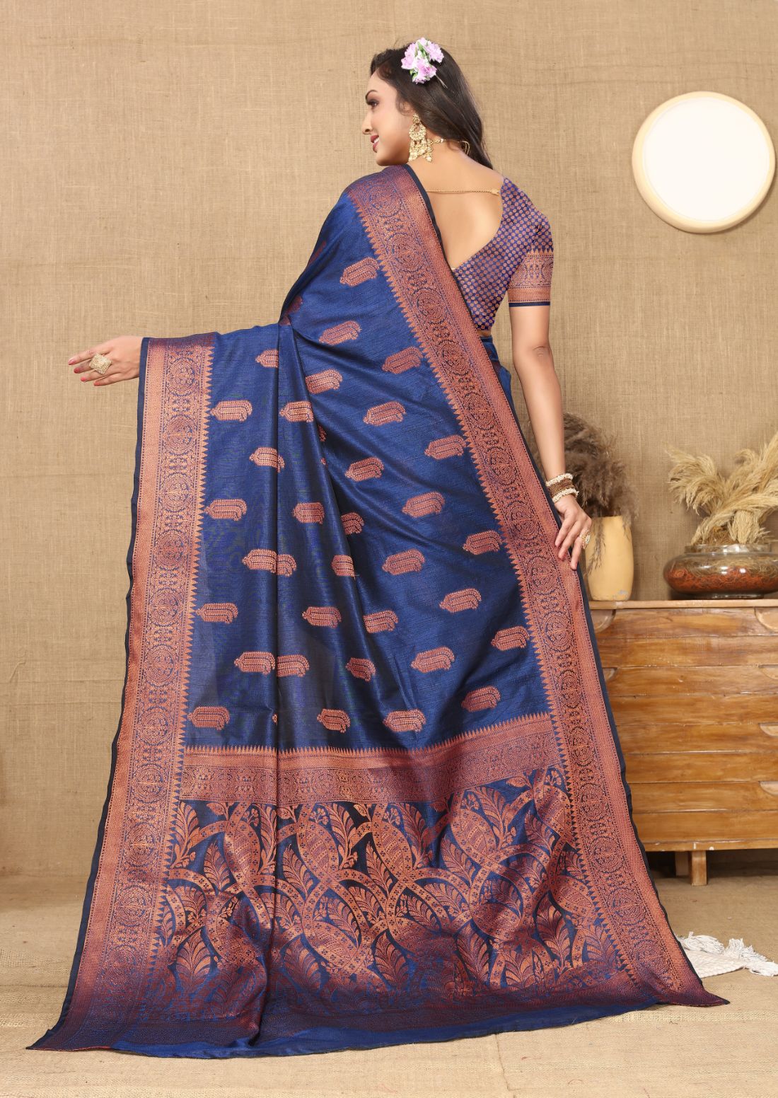 Nevy Blue Color Soft katan silk saree with copper zari weawing design and Rich Zari weawing Pallu with Unstiched Blouse piece.