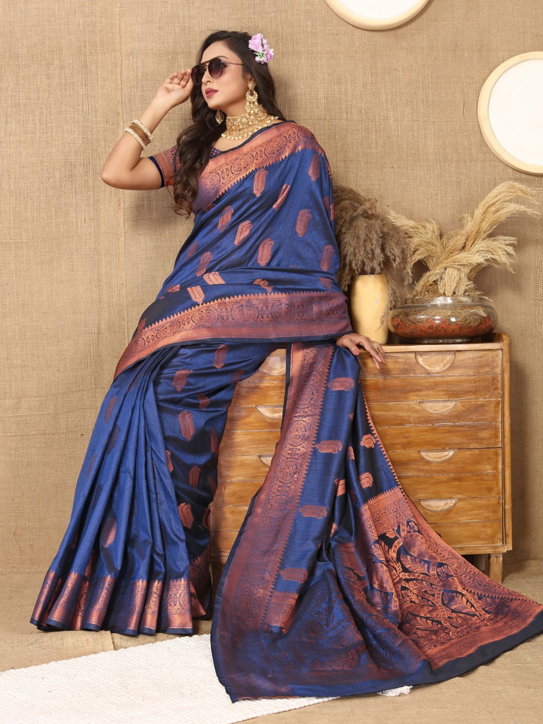 Nevy Blue Color Soft katan silk saree with copper zari weawing design and Rich Zari weawing Pallu with Unstiched Blouse piece.