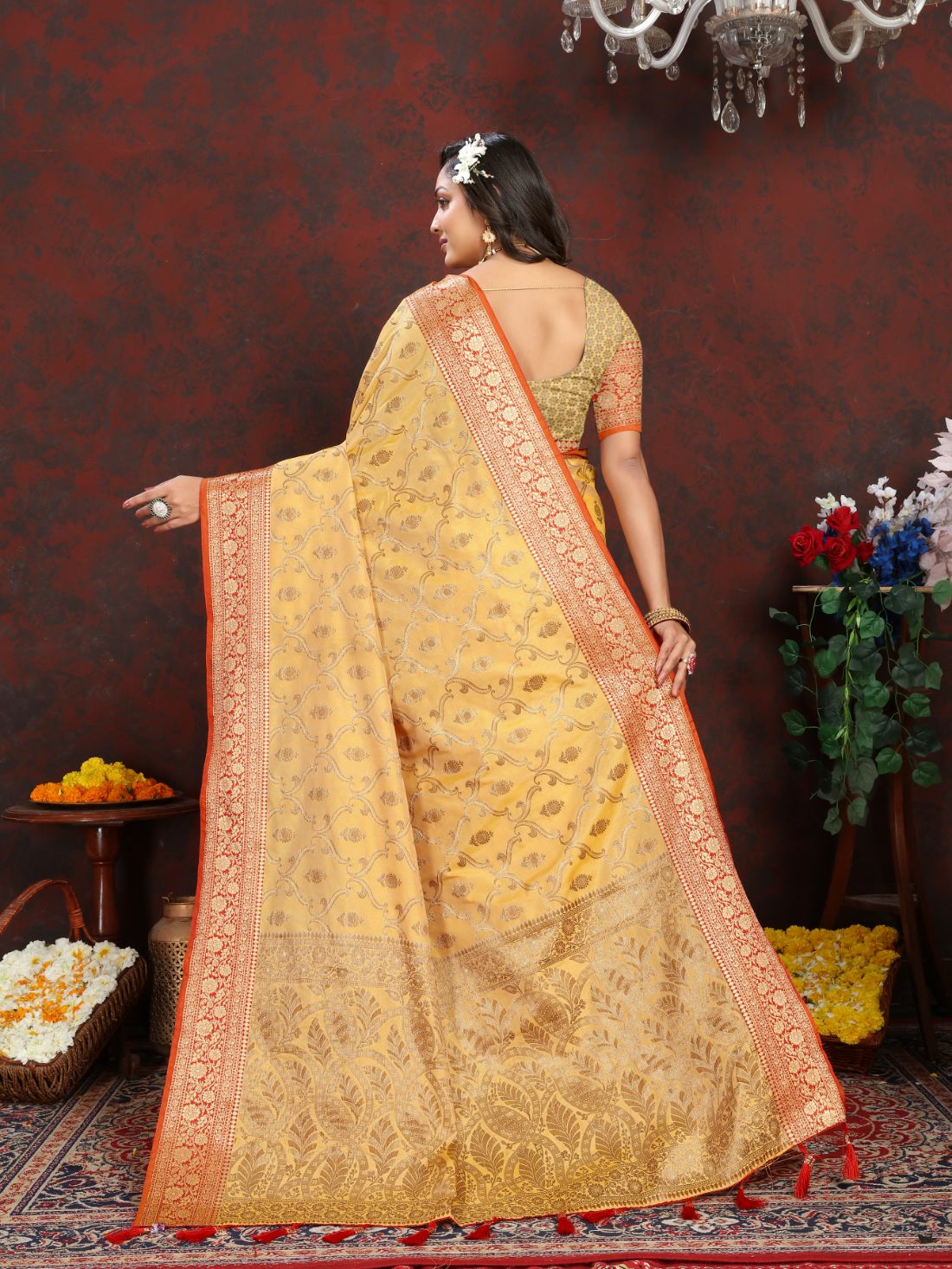 Yellow Color Soft Katan silk saree with copper zari weawing design and Rich Zari weawing Pallu with Unstiched Blouse piece.