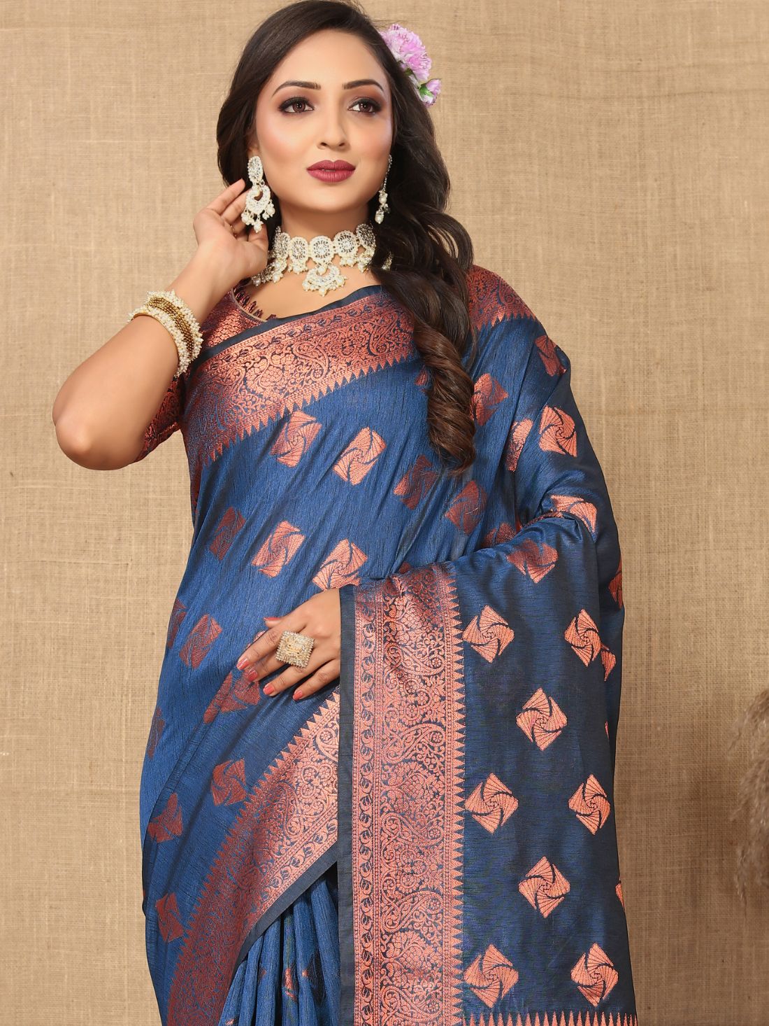 Nevy Blue Color Soft katan silk saree with copper zari weawing design and Rich Zari weawing Pallu with Unstiched Blouse piece