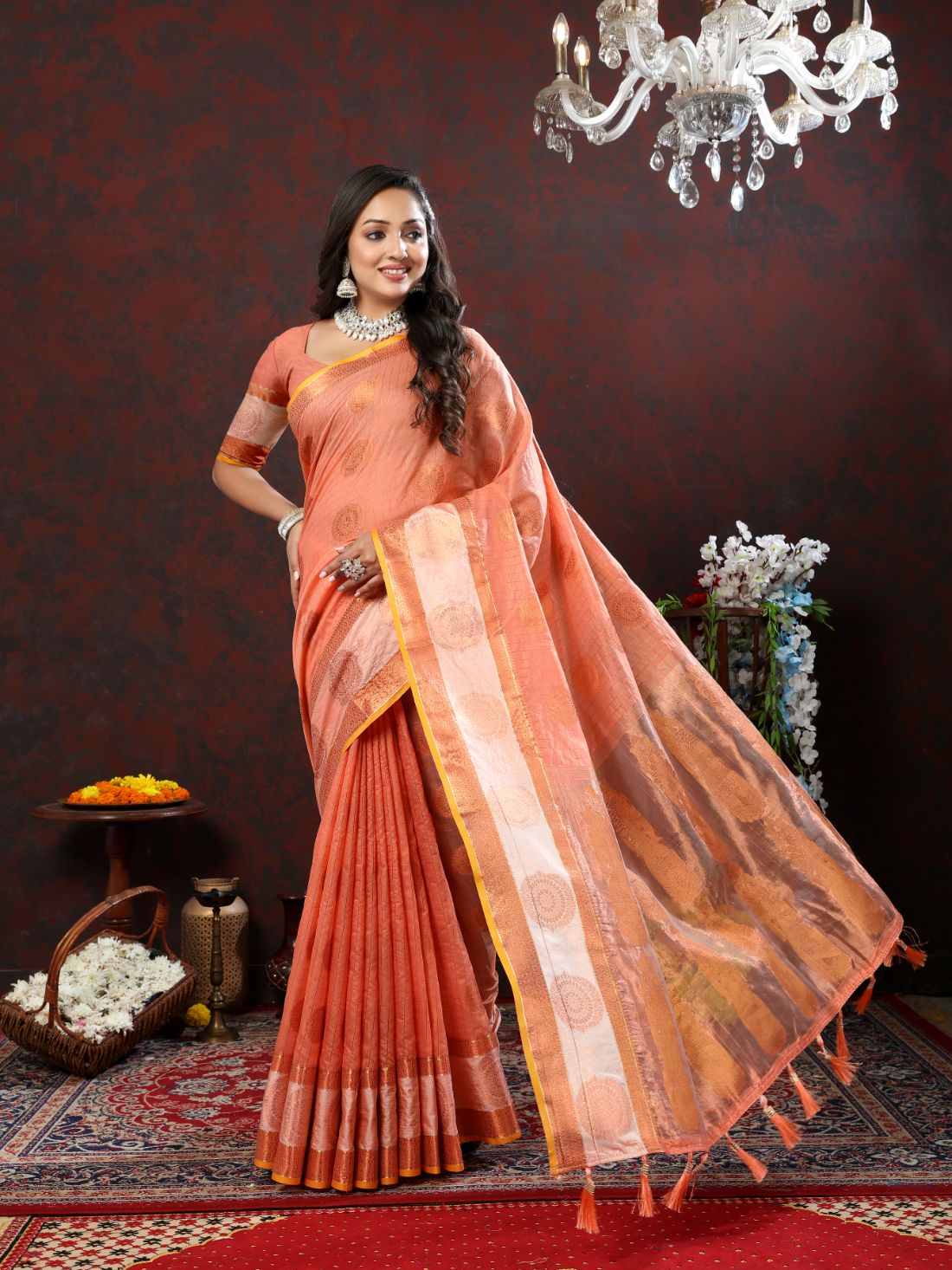 Orange Soft Cotton Silk Saree With Zari Weawing Design And Rich Zari Weawing Pallu With Contrast Border & Tessels Attach In Pallu With Unstiched Blouse Pieces.