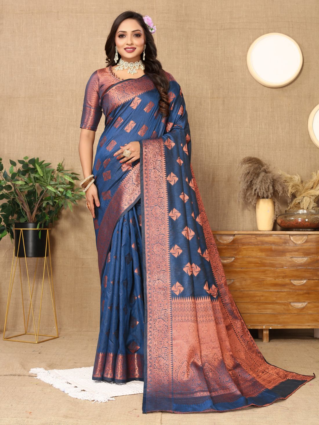 Nevy Blue Color Soft katan silk saree with copper zari weawing design and Rich Zari weawing Pallu with Unstiched Blouse piece