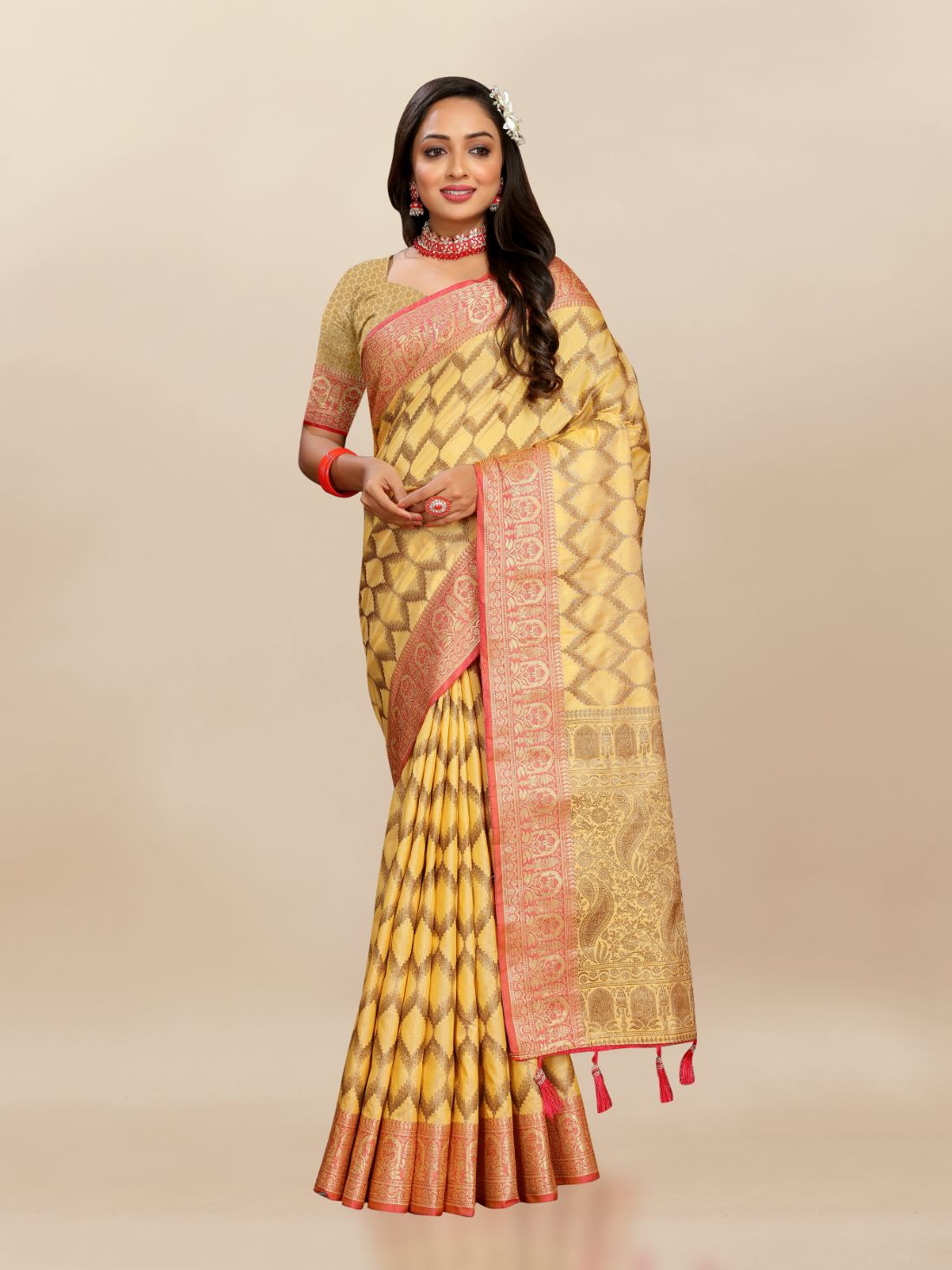 Mustured Color Soft katan silk saree with copper zari weawing design and Rich Zari weawing Pallu with Unstiched Blouse piece.