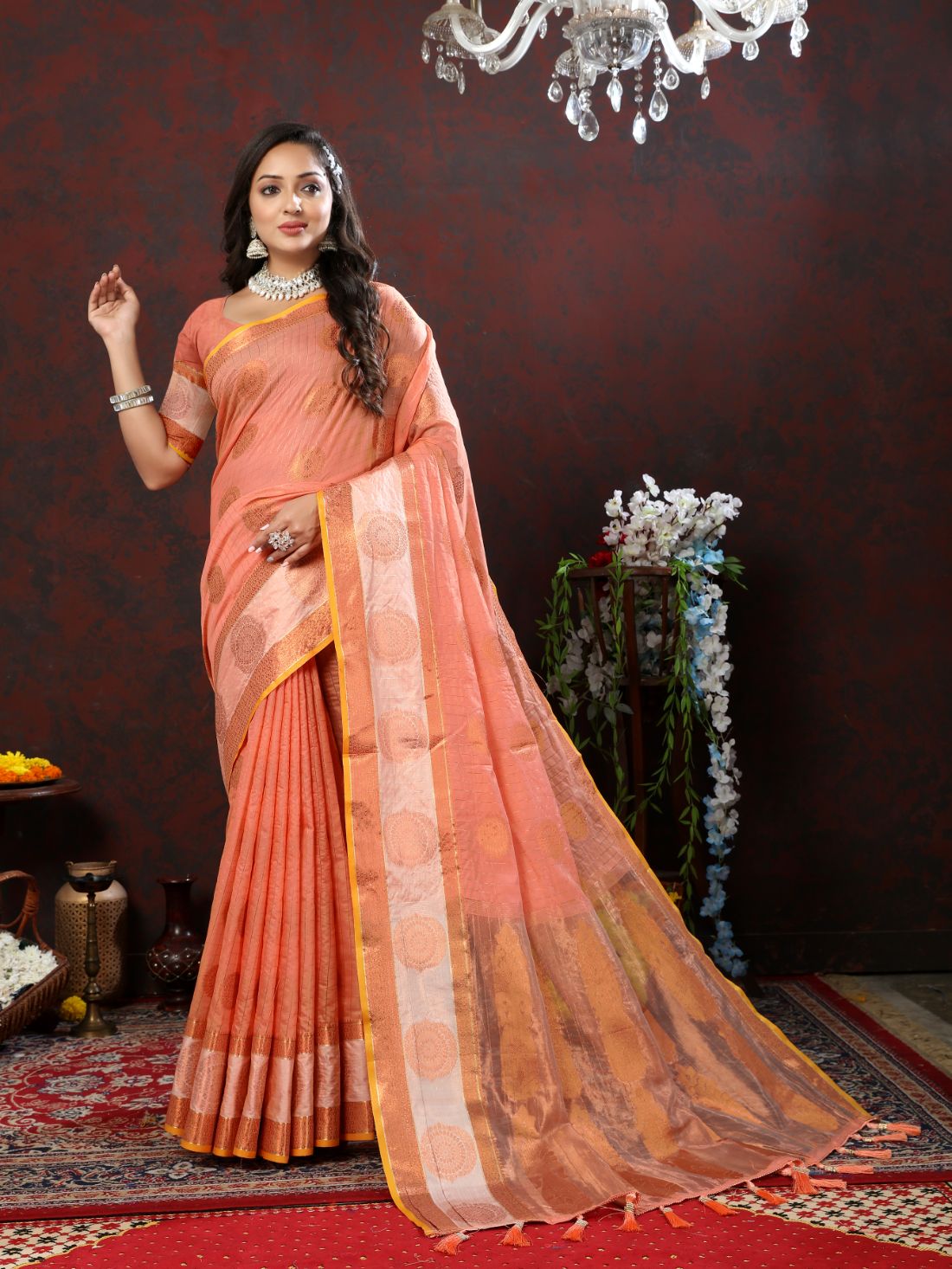 Orange Soft Cotton Silk Saree With Zari Weawing Design And Rich Zari Weawing Pallu With Contrast Border & Tessels Attach In Pallu With Unstiched Blouse Pieces.