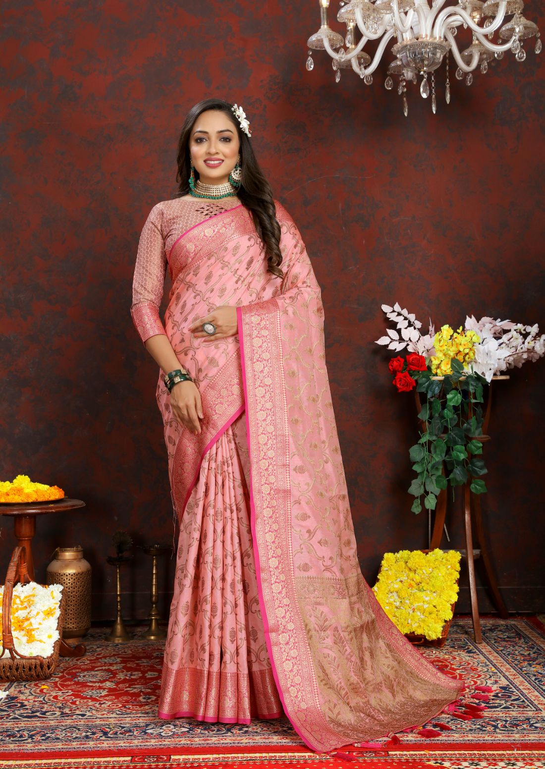 Pink Color Soft katan silk saree with copper zari weawing design and Rich Zari weawing Pallu with Unstiched Blouse piece.