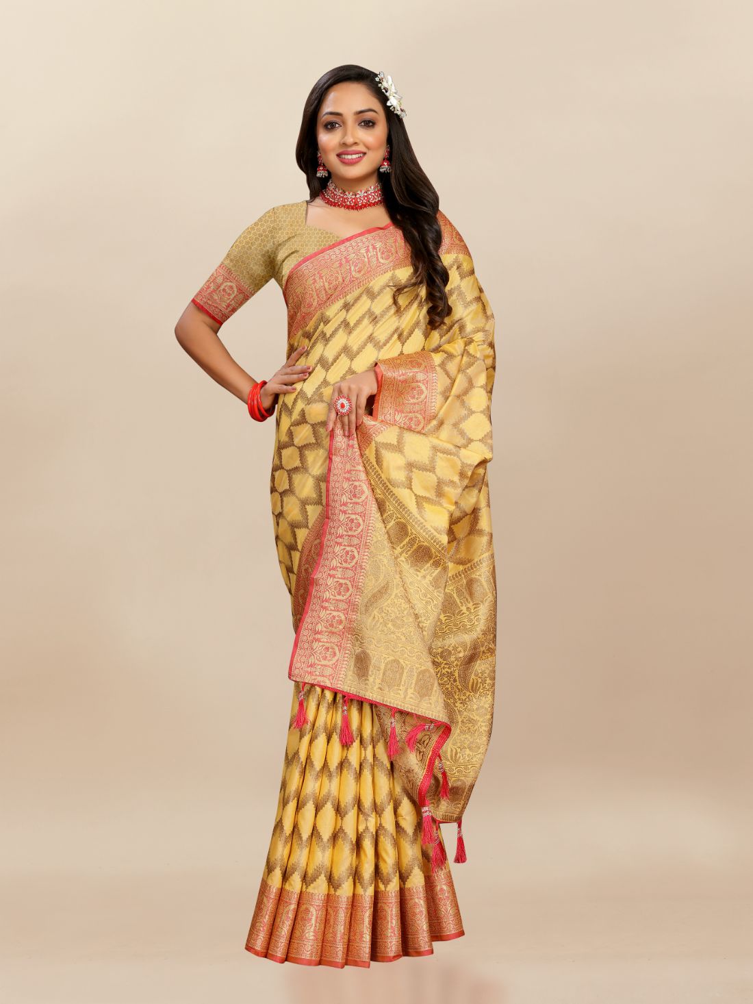 Mustured Color Soft katan silk saree with copper zari weawing design and Rich Zari weawing Pallu with Unstiched Blouse piece.