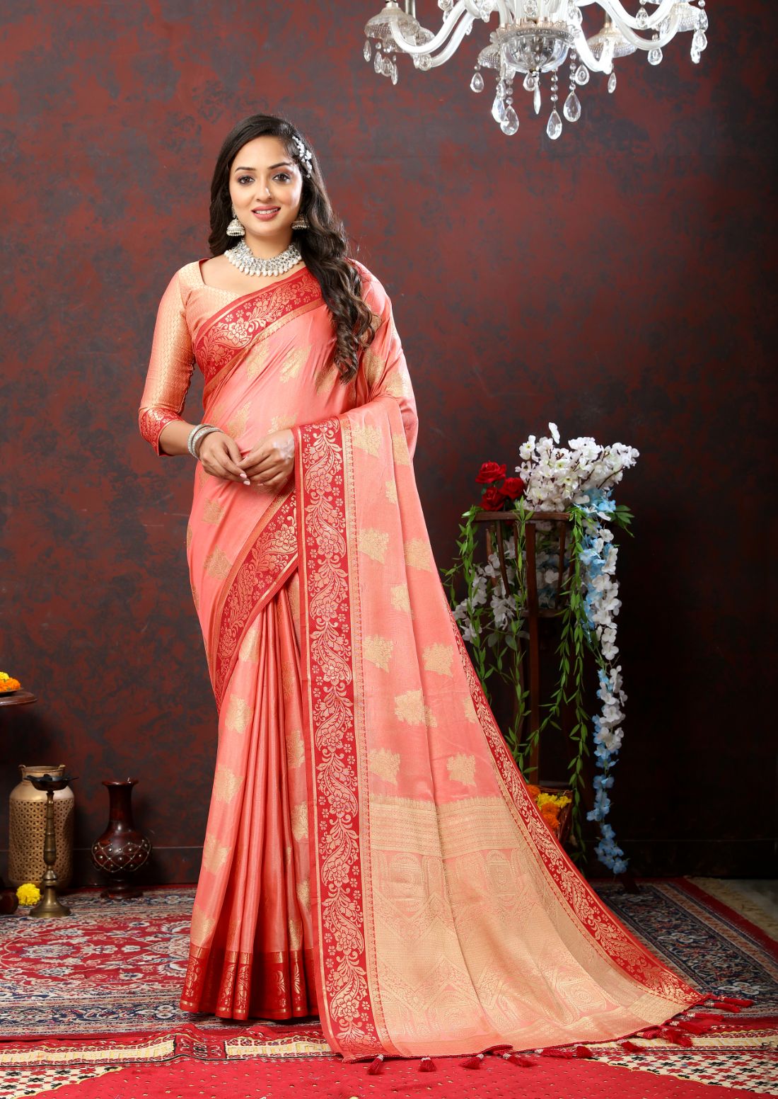 Peach Soft Cotton Silk Saree with Zari Weawing Design and Rich Zari Weawing Pallu with Contrast Border & Tessels attach in Pallu with Unstiched Blouse Pieces.