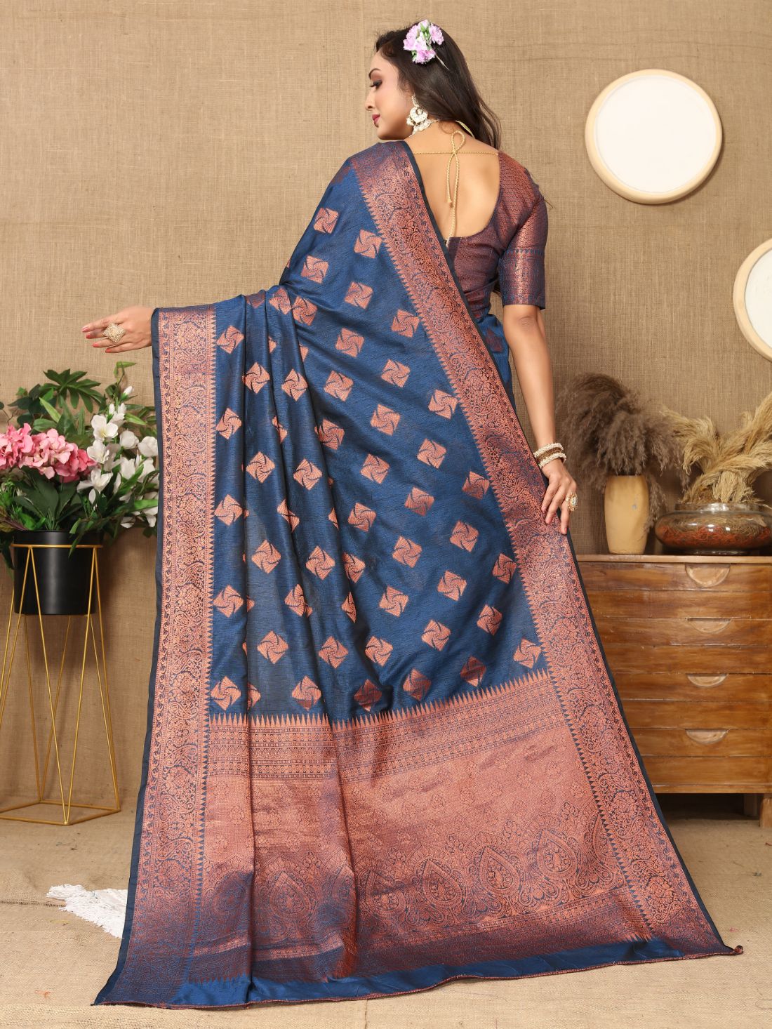 Nevy Blue Color Soft katan silk saree with copper zari weawing design and Rich Zari weawing Pallu with Unstiched Blouse piece