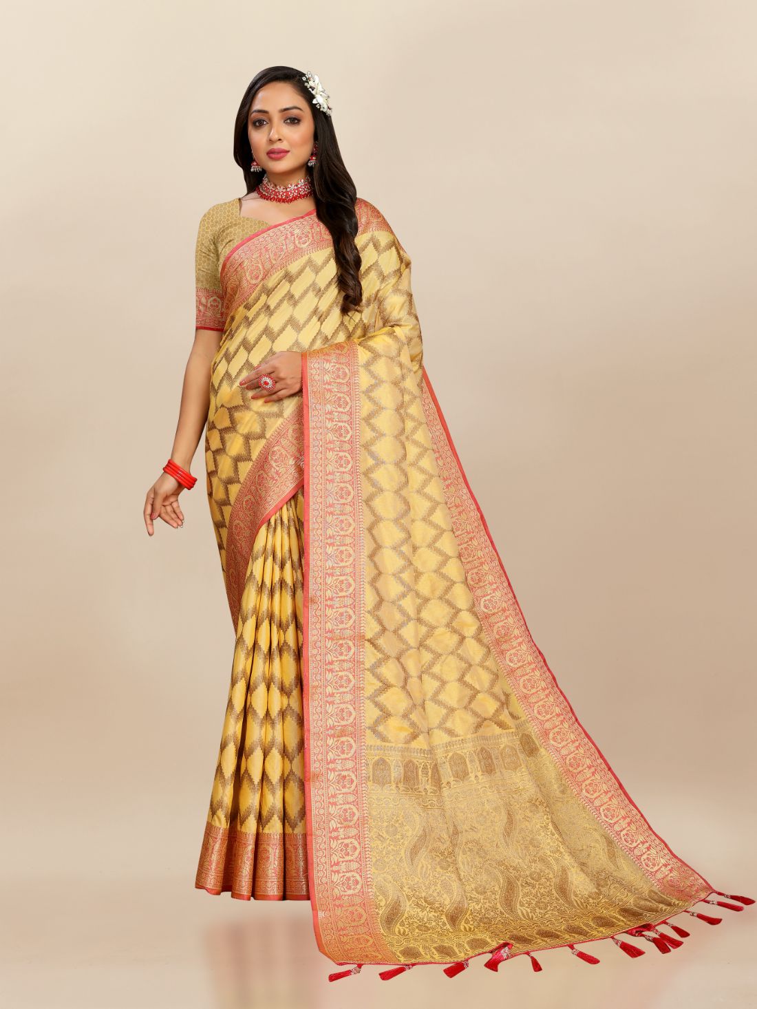 Mustured Color Soft katan silk saree with copper zari weawing design and Rich Zari weawing Pallu with Unstiched Blouse piece.