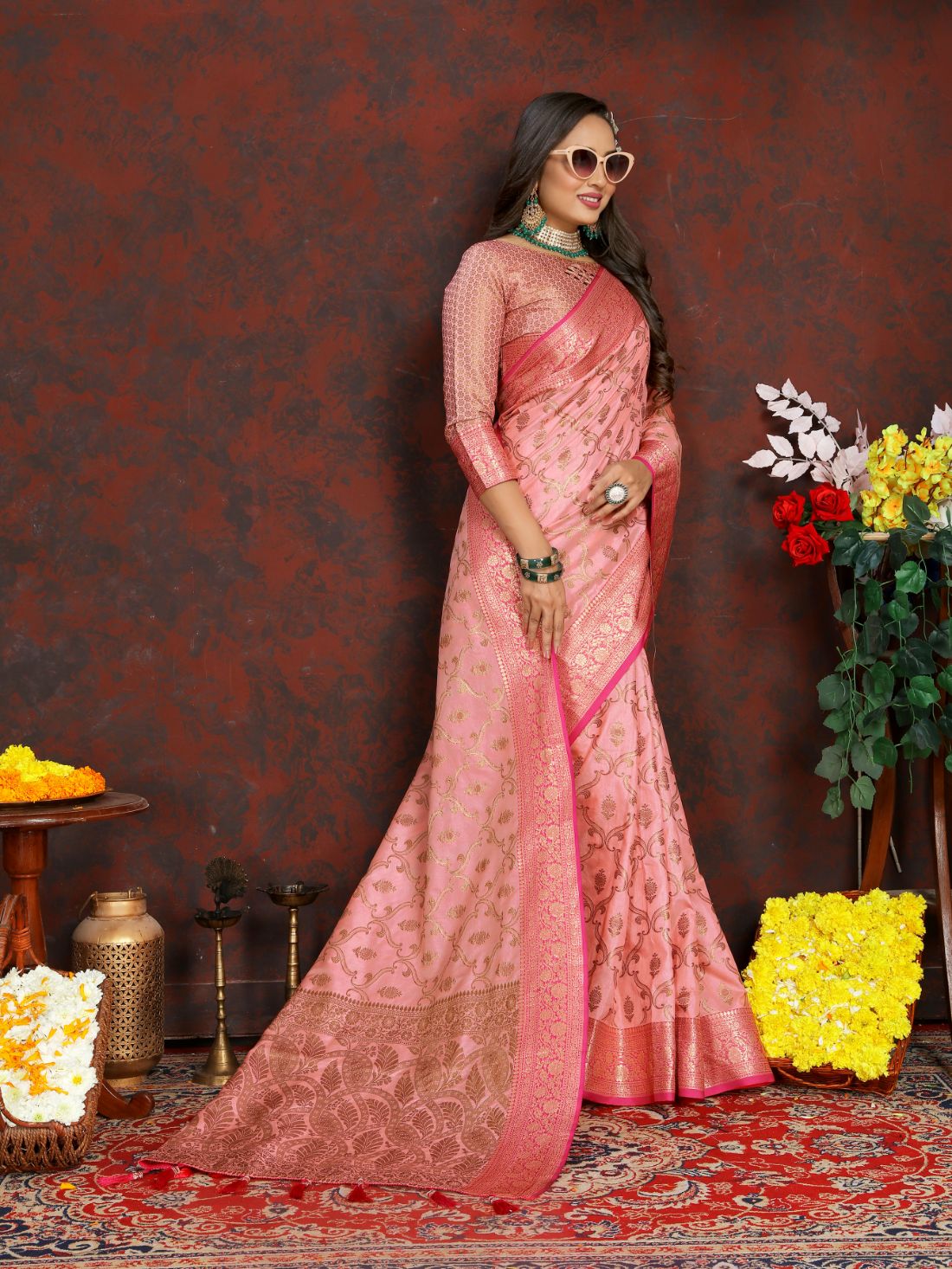 Pink Color Soft katan silk saree with copper zari weawing design and Rich Zari weawing Pallu with Unstiched Blouse piece.