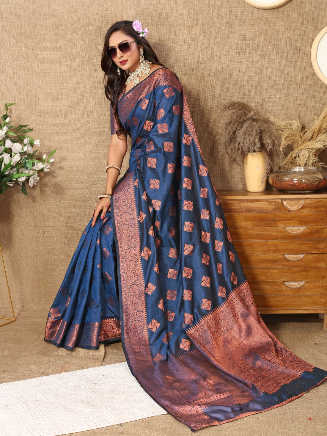 Nevy Blue Color Soft katan silk saree with copper zari weawing design and Rich Zari weawing Pallu with Unstiched Blouse piece