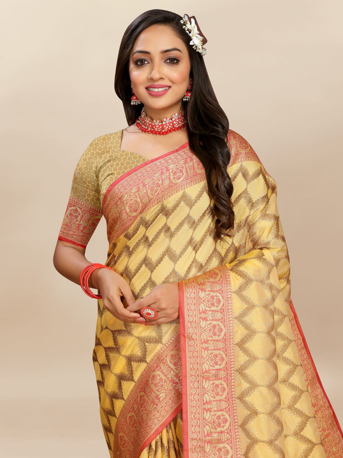 Mustured Color Soft katan silk saree with copper zari weawing design and Rich Zari weawing Pallu with Unstiched Blouse piece.
