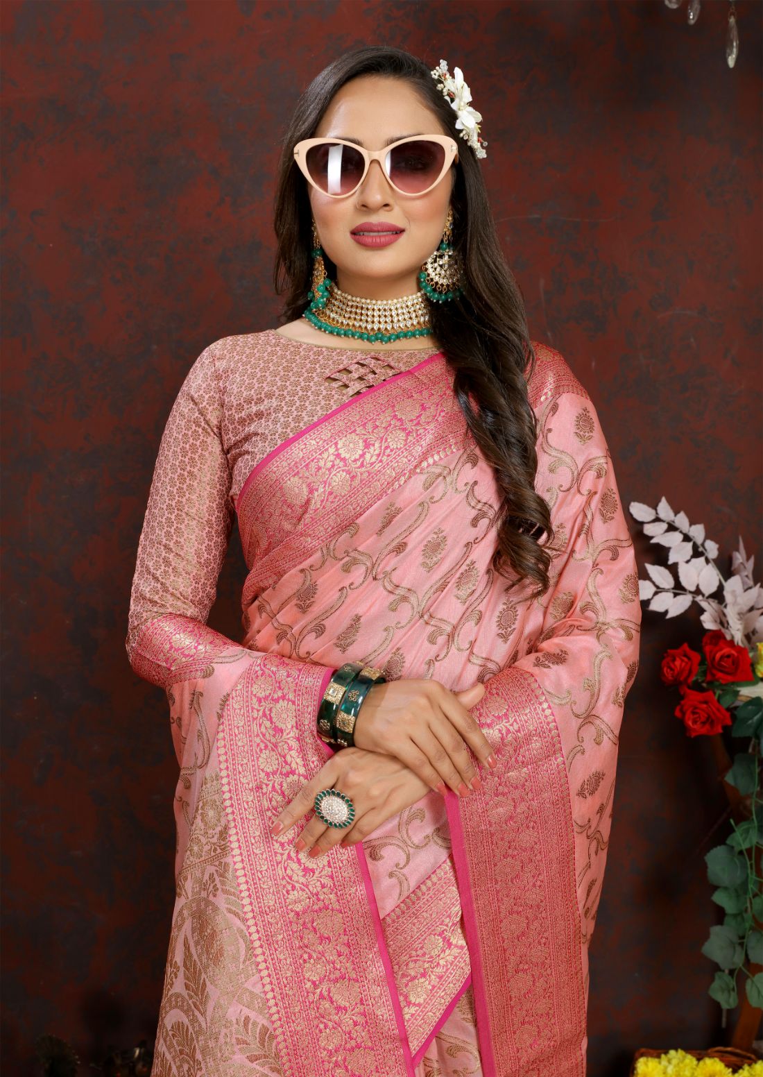 Pink Color Soft katan silk saree with copper zari weawing design and Rich Zari weawing Pallu with Unstiched Blouse piece.