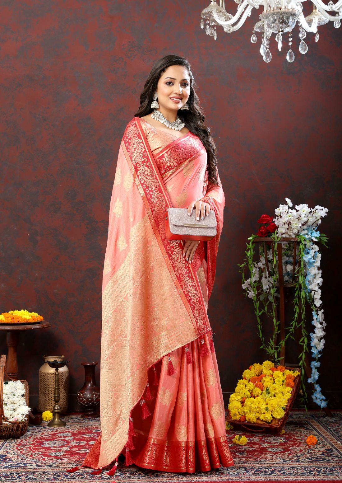 Peach Soft Cotton Silk Saree with Zari Weawing Design and Rich Zari Weawing Pallu with Contrast Border & Tessels attach in Pallu with Unstiched Blouse Pieces.