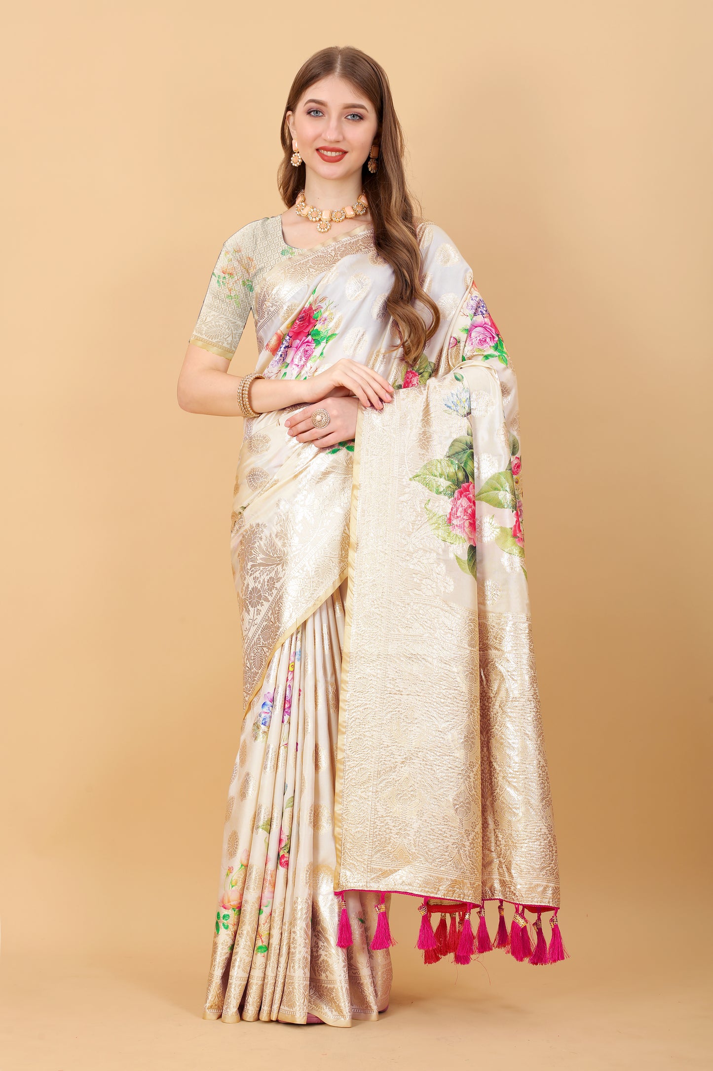 Soft Silk Saree with beautiful Floral Digital Print all over the saree and Rich Zari weawing Pallu with zari weawing border & Tessels attach at Pallu end , Blouse :- Silk weawing Blouse piece