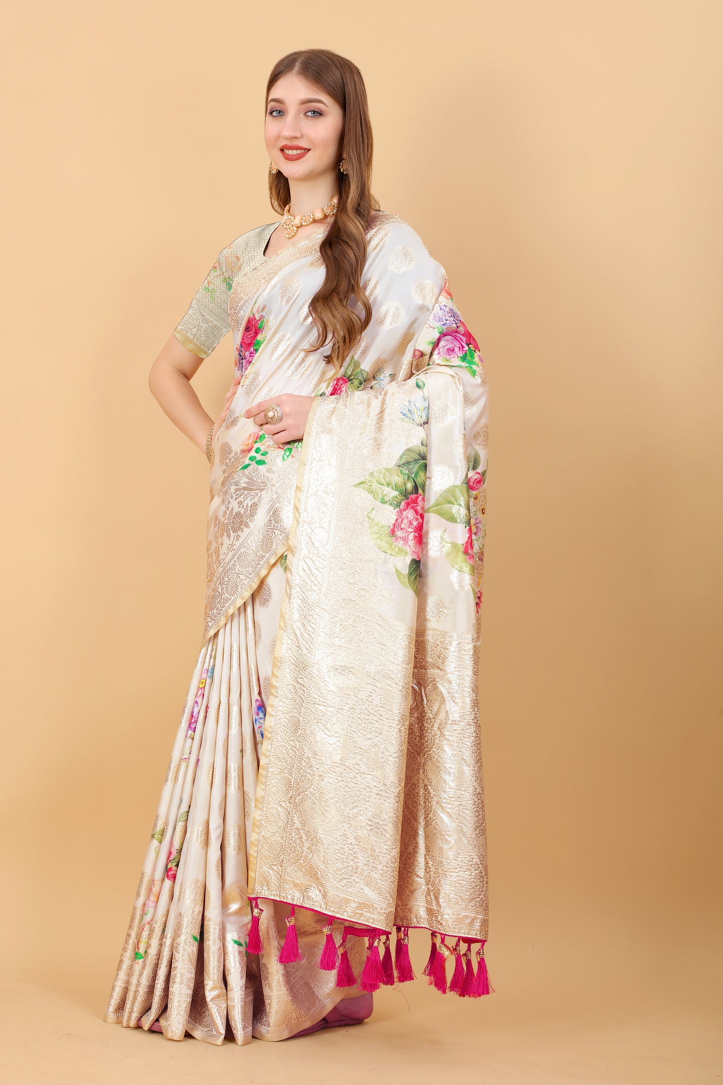 Soft Silk Saree with beautiful Floral Digital Print all over the saree and Rich Zari weawing Pallu with zari weawing border & Tessels attach at Pallu end , Blouse :- Silk weawing Blouse piece