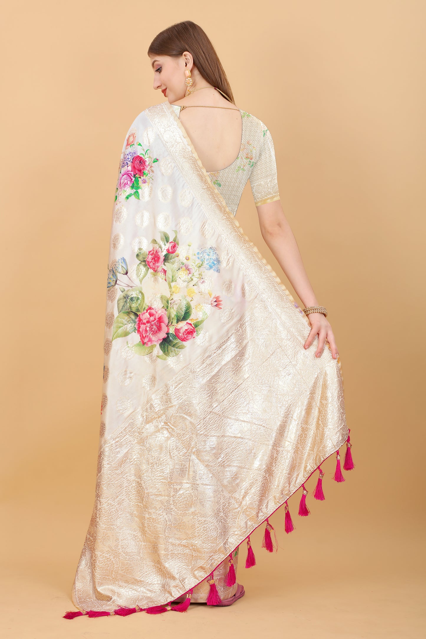 Soft Silk Saree with beautiful Floral Digital Print all over the saree and Rich Zari weawing Pallu with zari weawing border & Tessels attach at Pallu end , Blouse :- Silk weawing Blouse piece