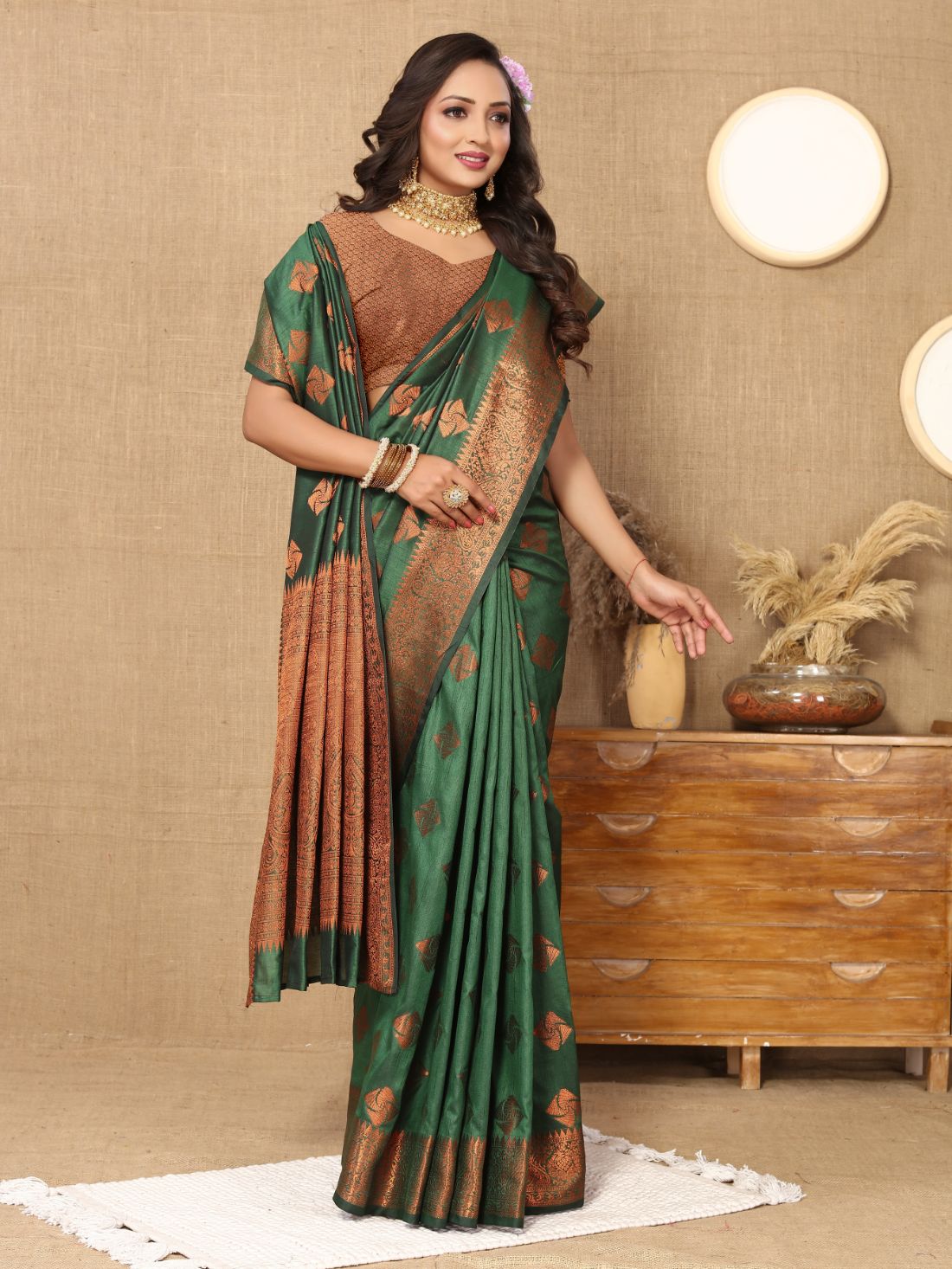 Dark Green Color Soft Katan Silk saree with copper zari weawing design and Rich Zari weawing Pallu with Unstiched Blouse piece