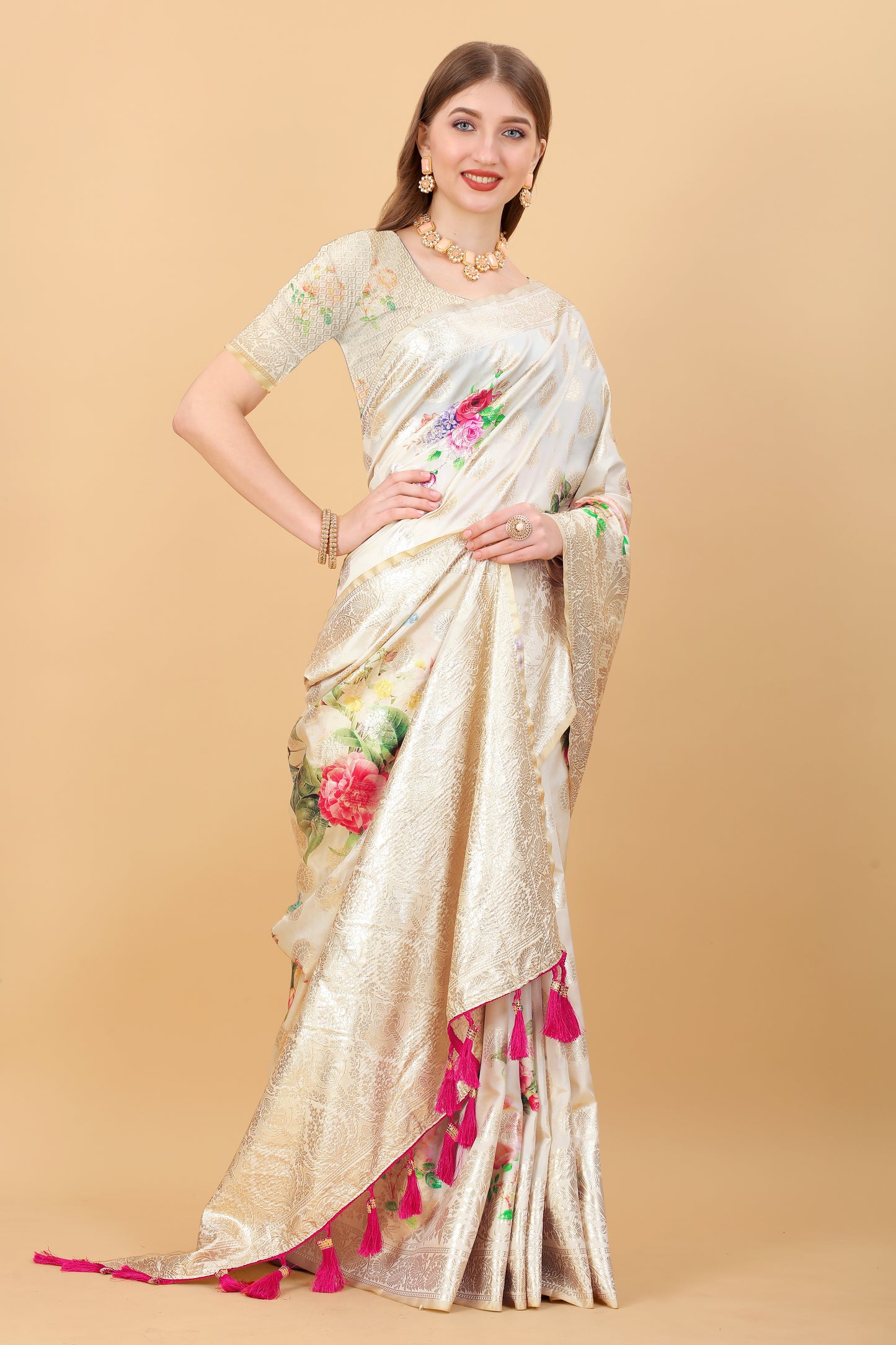 Soft Silk Saree with beautiful Floral Digital Print all over the saree and Rich Zari weawing Pallu with zari weawing border & Tessels attach at Pallu end , Blouse :- Silk weawing Blouse piece