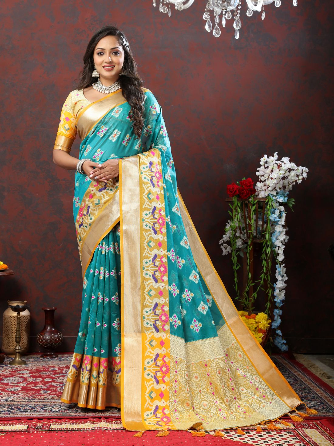 Light Blue & Yellow Color Women’s Zari Woven Designer Soft Organza Silk Saree and Rich Pallu Weawing Unstitched Blouse With Blouse Piece.