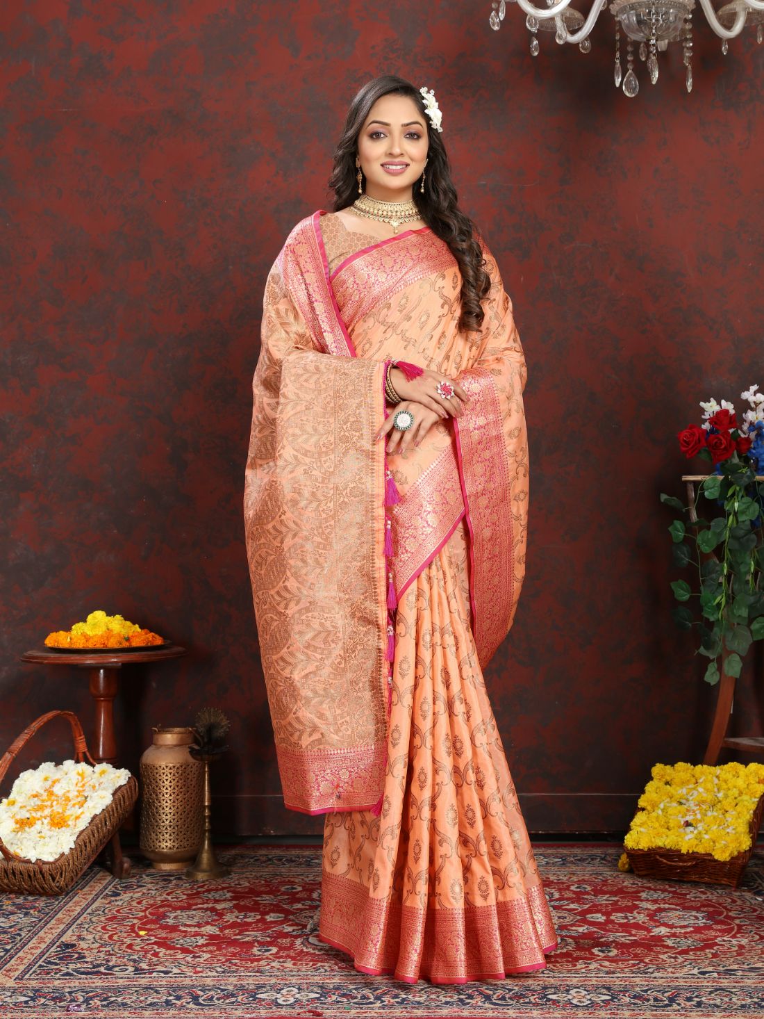 Orange Color Soft katan silk saree with copper zari weawing design and Rich Zari weawing Pallu with Unstiched Blouse piece.