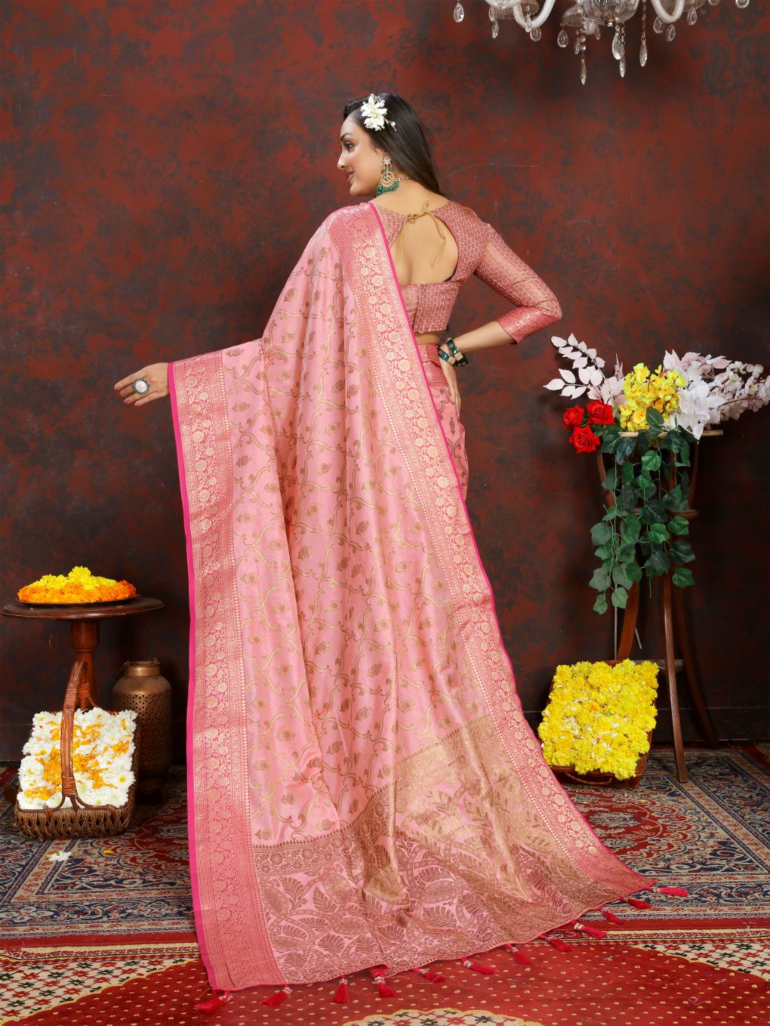 Pink Color Soft katan silk saree with copper zari weawing design and Rich Zari weawing Pallu with Unstiched Blouse piece.