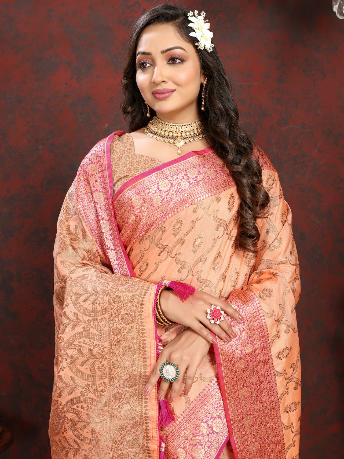 Orange Color Soft katan silk saree with copper zari weawing design and Rich Zari weawing Pallu with Unstiched Blouse piece.