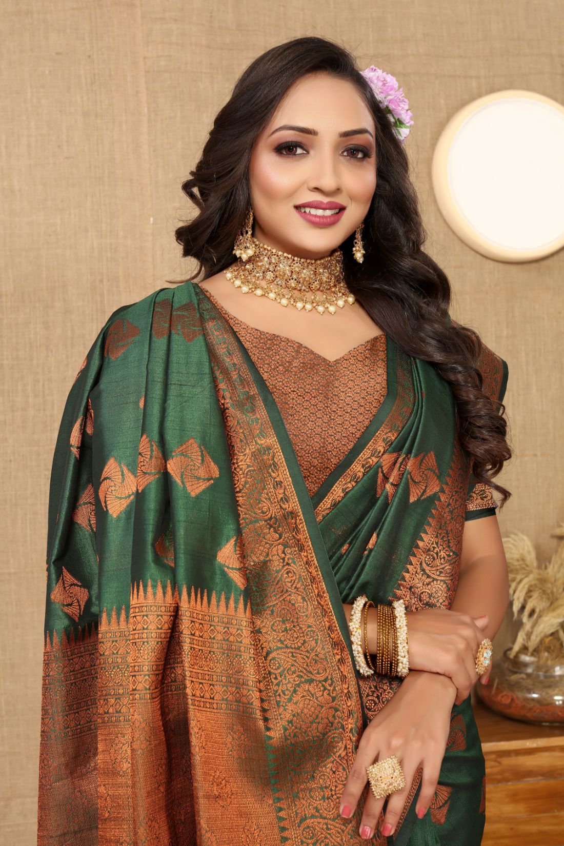 Dark Green Color Soft Katan Silk saree with copper zari weawing design and Rich Zari weawing Pallu with Unstiched Blouse piece