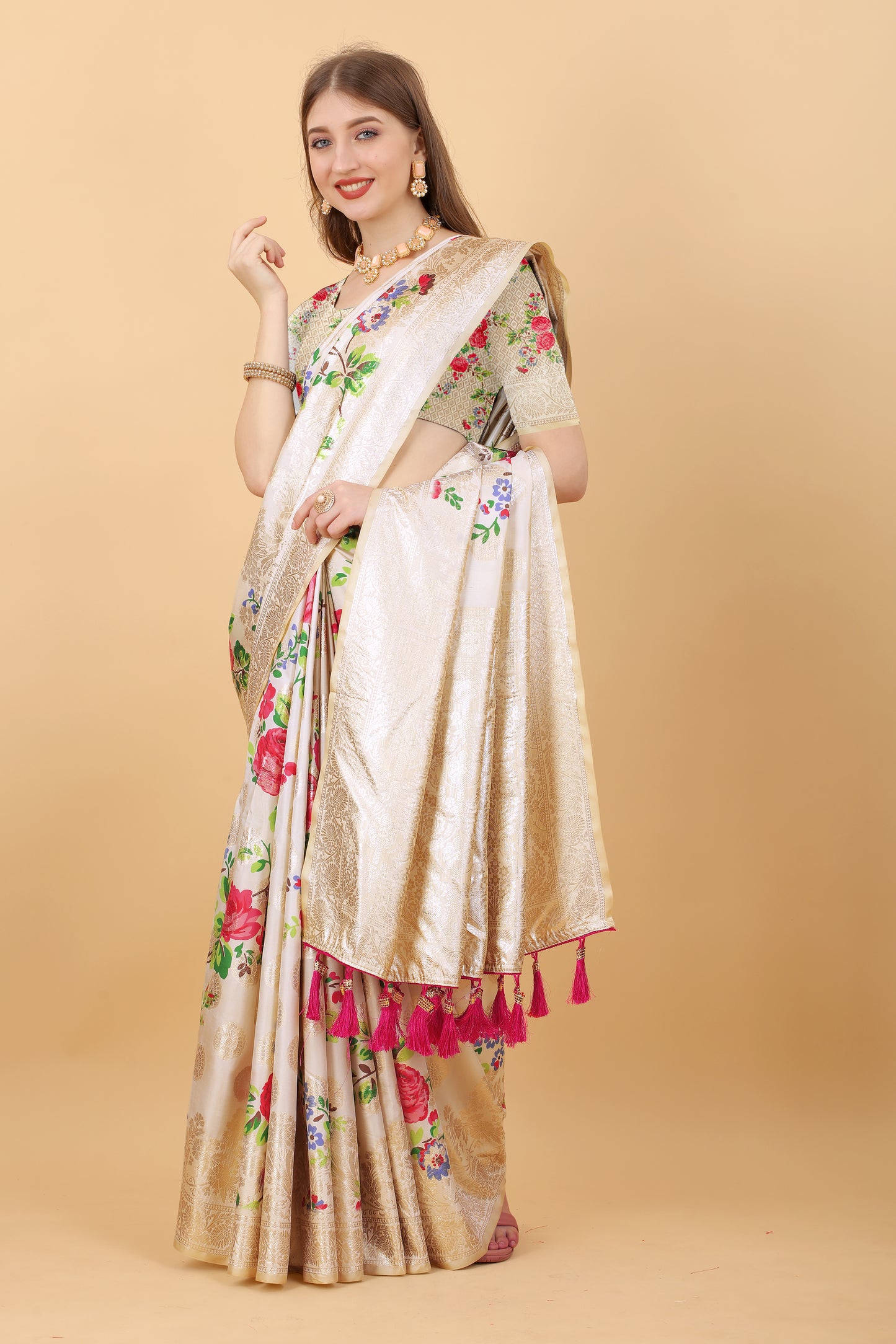 Soft Silk Saree with beautiful Floral Digital Print all over the saree and Rich Zari weawing Pallu with zari weawing border & Tessels attach at Pallu end , Blouse :- Silk weawing Blouse piece