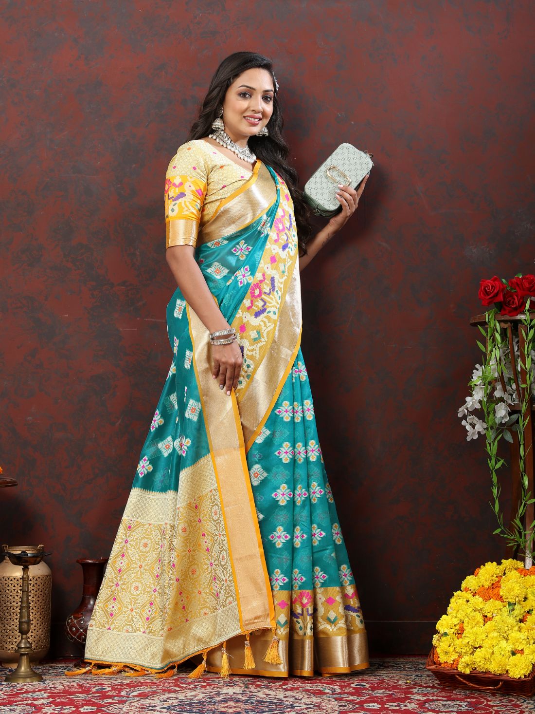 Light Blue & Yellow Color Women’s Zari Woven Designer Soft Organza Silk Saree and Rich Pallu Weawing Unstitched Blouse With Blouse Piece.