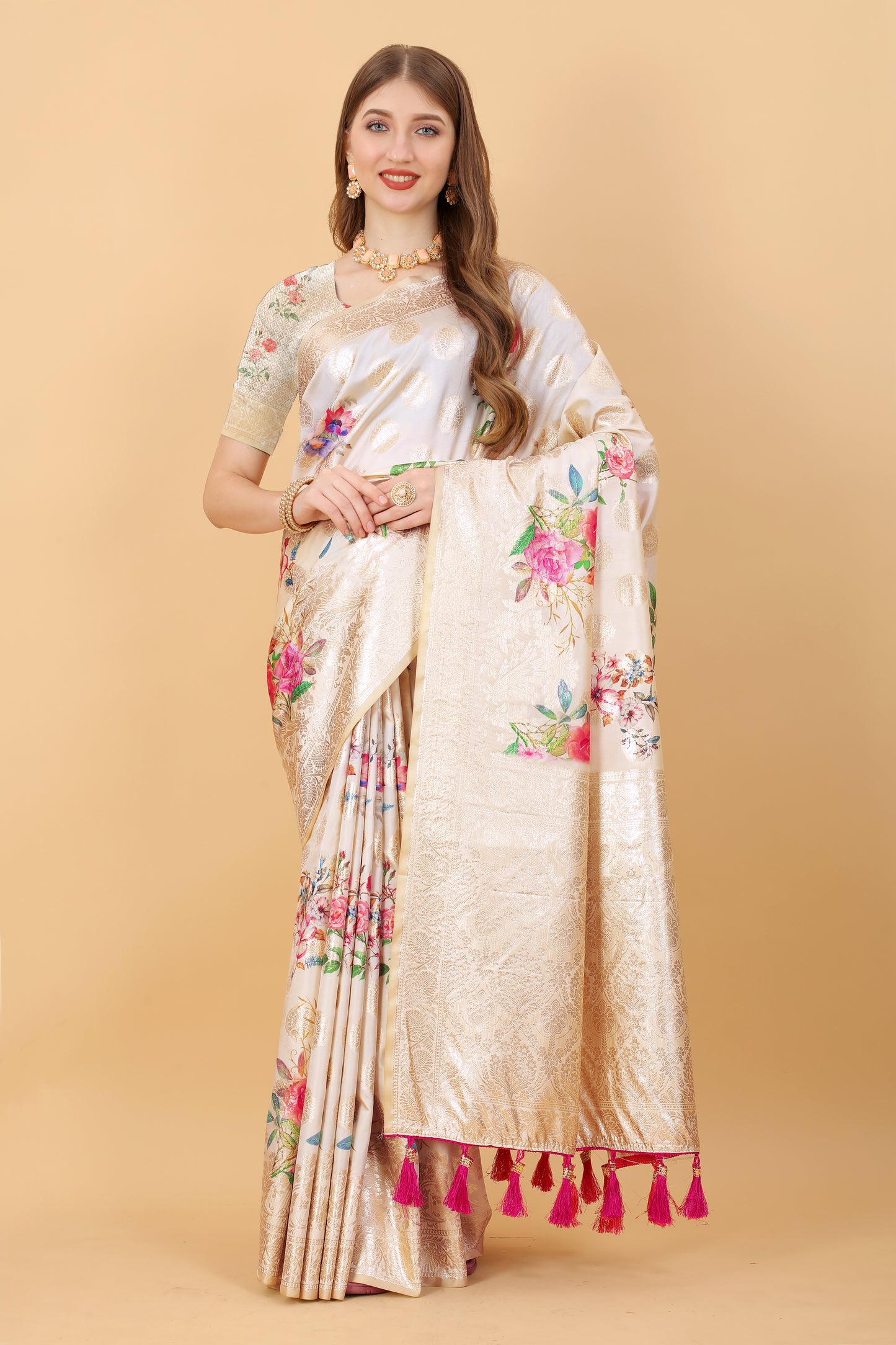 Soft Silk Saree with beautiful Floral Digital Print all over the saree and Rich Zari weawing Pallu with zari weawing border & Tessels attach at Pallu end , Blouse :- Silk weawing Blouse piece