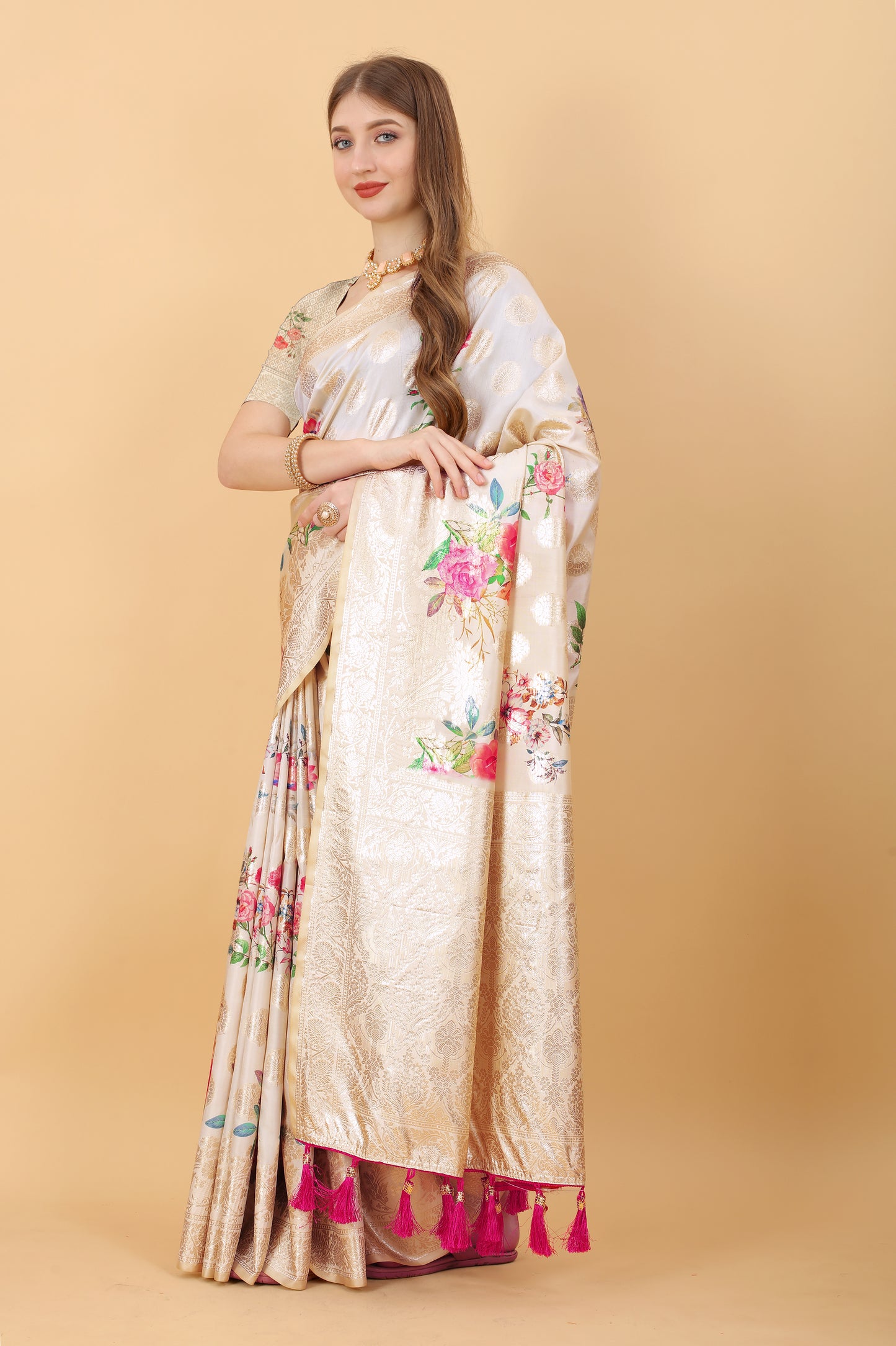 Soft Silk Saree with beautiful Floral Digital Print all over the saree and Rich Zari weawing Pallu with zari weawing border & Tessels attach at Pallu end , Blouse :- Silk weawing Blouse piece