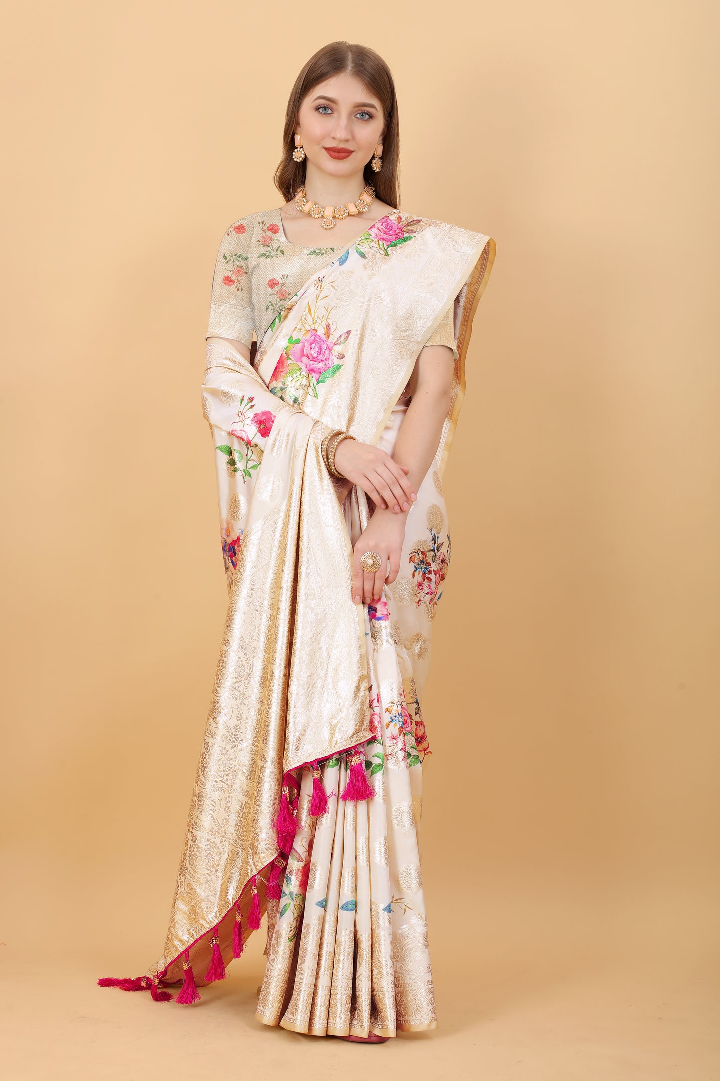 Soft Silk Saree with beautiful Floral Digital Print all over the saree and Rich Zari weawing Pallu with zari weawing border & Tessels attach at Pallu end , Blouse :- Silk weawing Blouse piece