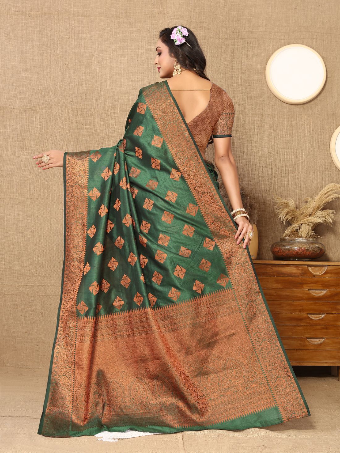 Dark Green Color Soft Katan Silk saree with copper zari weawing design and Rich Zari weawing Pallu with Unstiched Blouse piece
