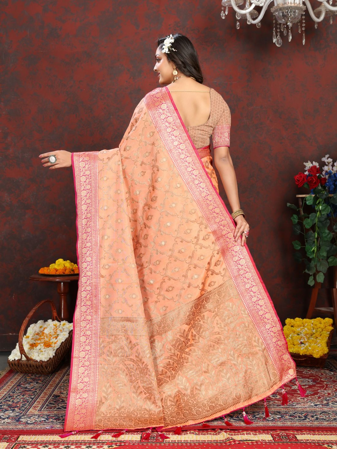Orange Color Soft katan silk saree with copper zari weawing design and Rich Zari weawing Pallu with Unstiched Blouse piece.