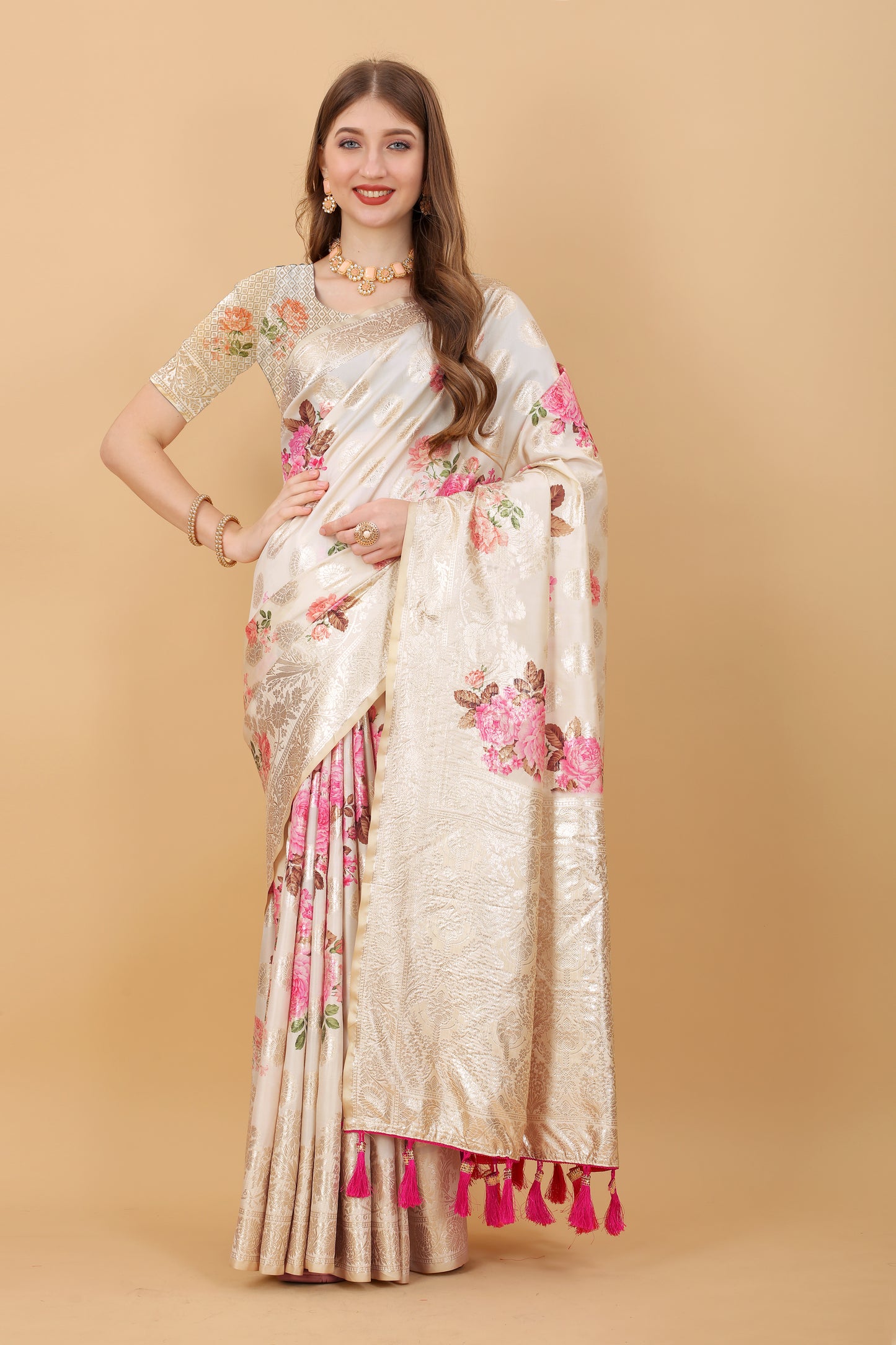 Soft Silk Saree with beautiful Floral Digital Print all over the saree and Rich Zari weawing Pallu with zari weawing border & Tessels attach at Pallu end , Blouse :- Silk weawing Blouse piece