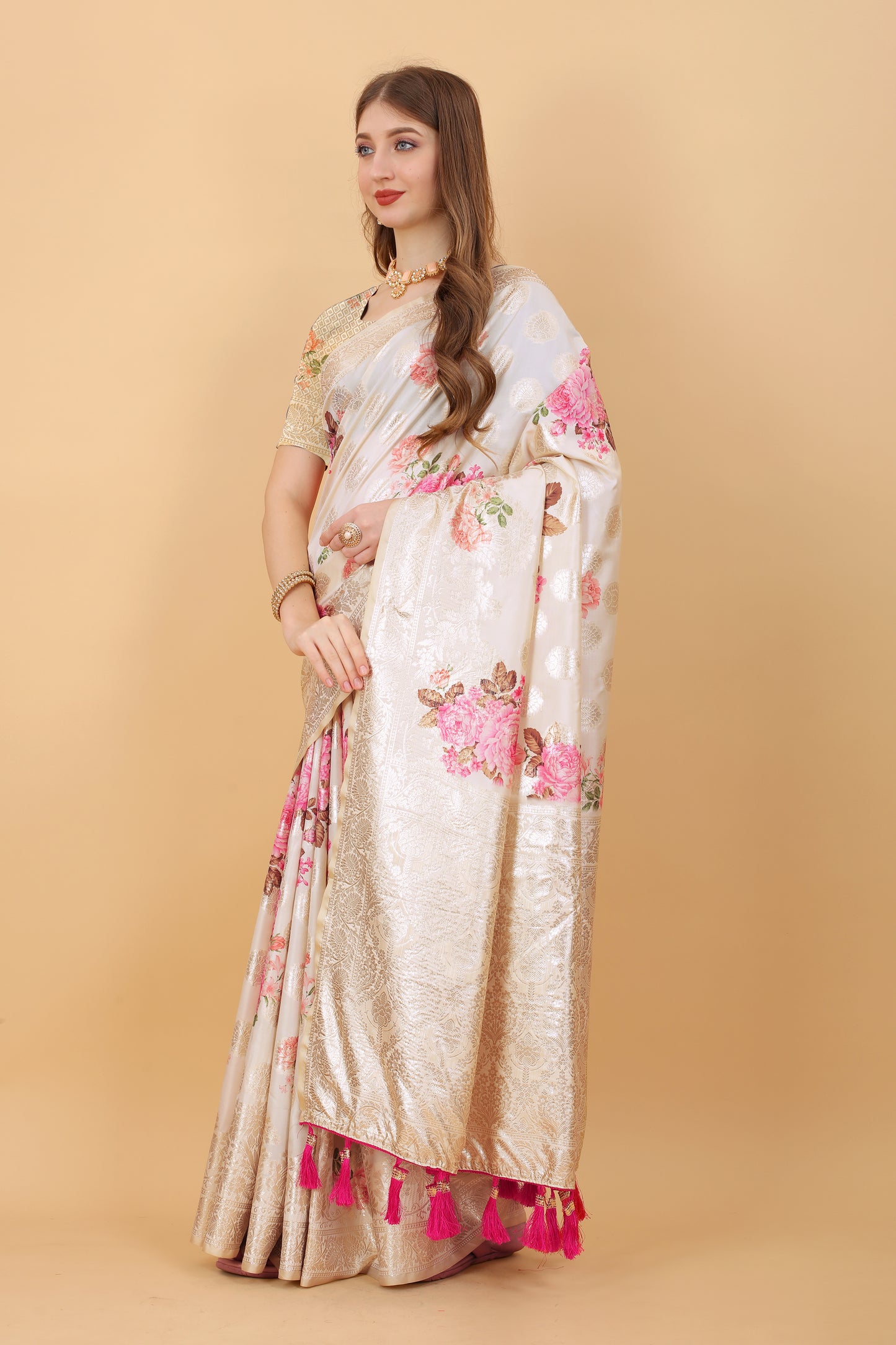 Soft Silk Saree with beautiful Floral Digital Print all over the saree and Rich Zari weawing Pallu with zari weawing border & Tessels attach at Pallu end , Blouse :- Silk weawing Blouse piece