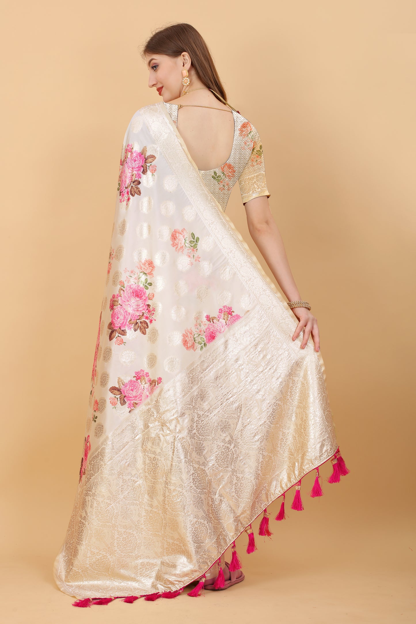 Soft Silk Saree with beautiful Floral Digital Print all over the saree and Rich Zari weawing Pallu with zari weawing border & Tessels attach at Pallu end , Blouse :- Silk weawing Blouse piece