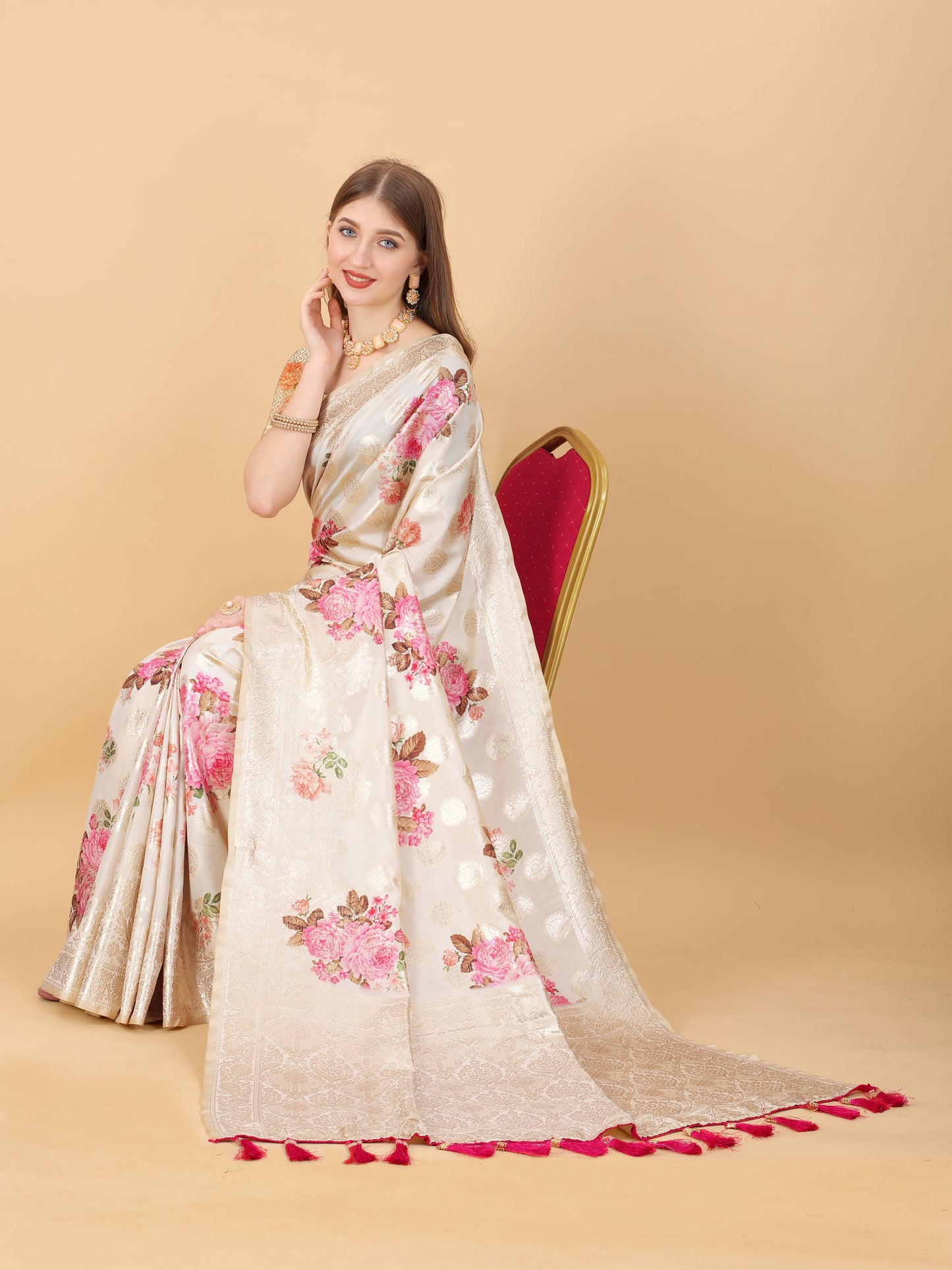 Soft Silk Saree with beautiful Floral Digital Print all over the saree and Rich Zari weawing Pallu with zari weawing border & Tessels attach at Pallu end , Blouse :- Silk weawing Blouse piece